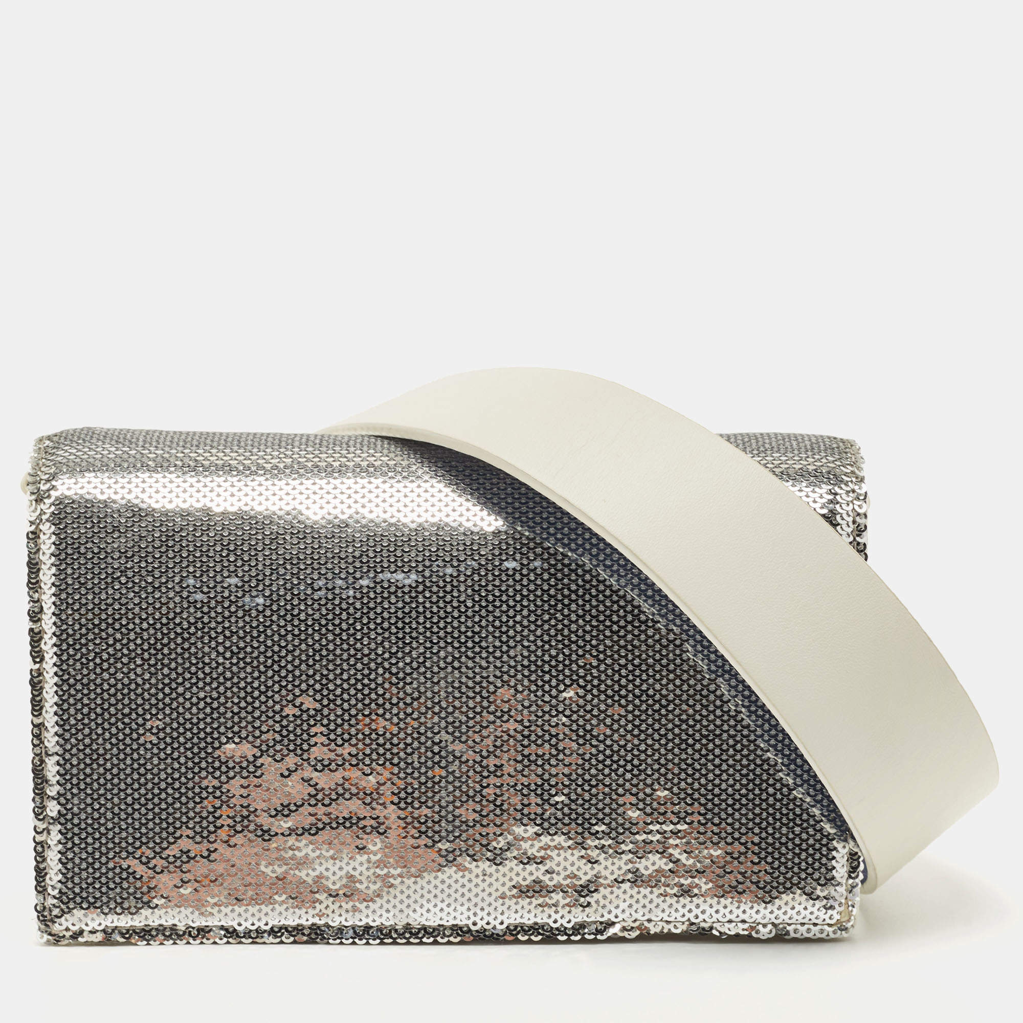 Pre Owned Diane Von Furstenberg Silver/White Sequins and Leather Flap Shoulder Bag