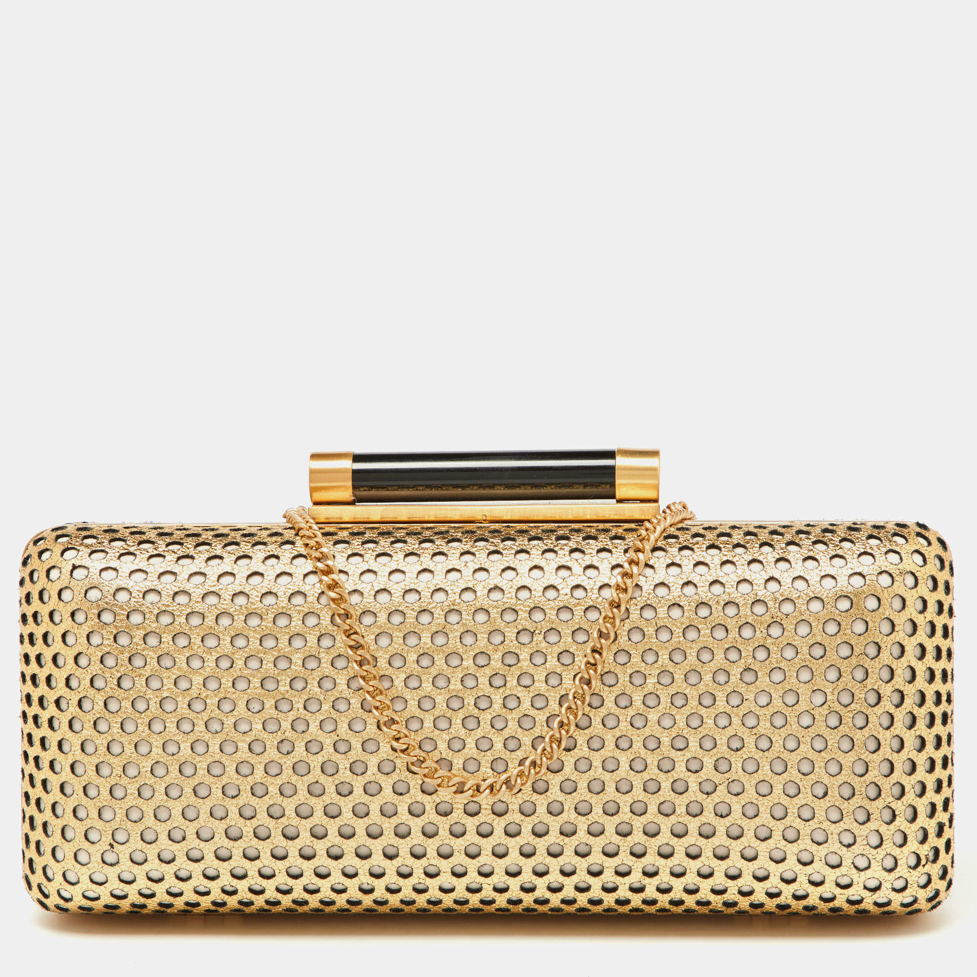 Pre Owned Diane Von Furstenberg Gold Perforated Leather Box Chain Clutch