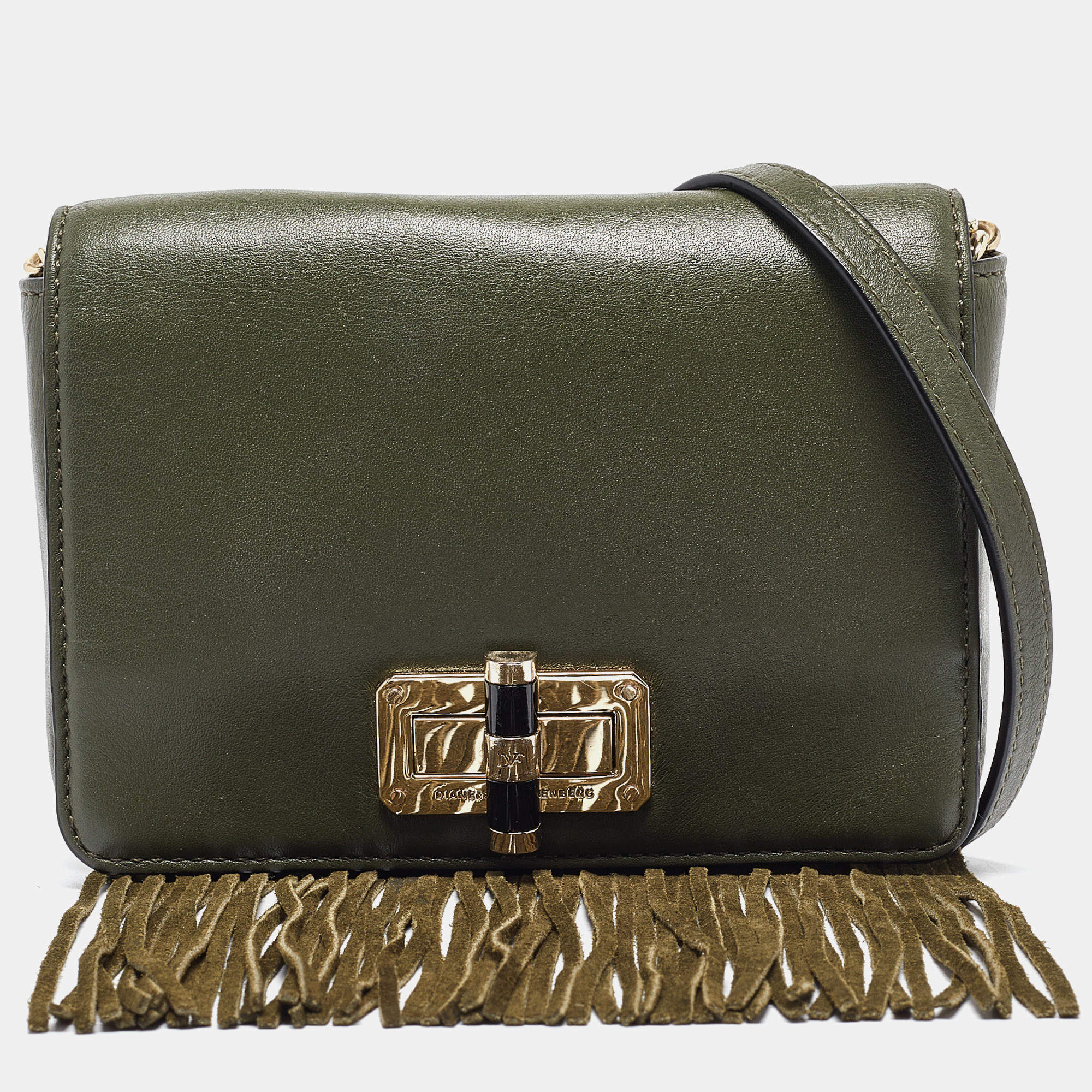 Pre Owned Diane Von Furstenberg Green Leather Fringe Flap Crossbody Bag