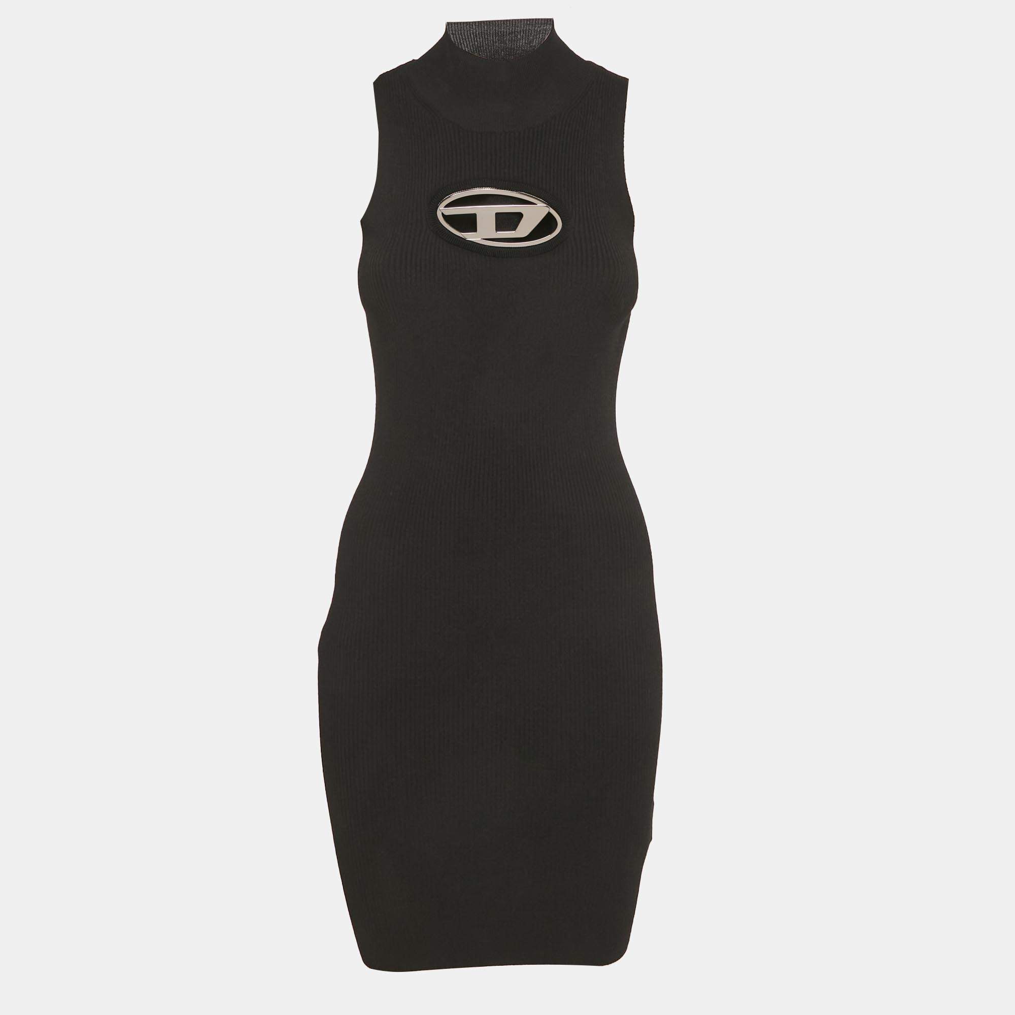 مملوكة مسبقًا Diesel Black Logo Detail Rib Knit Mock Neck Mini Dress S
