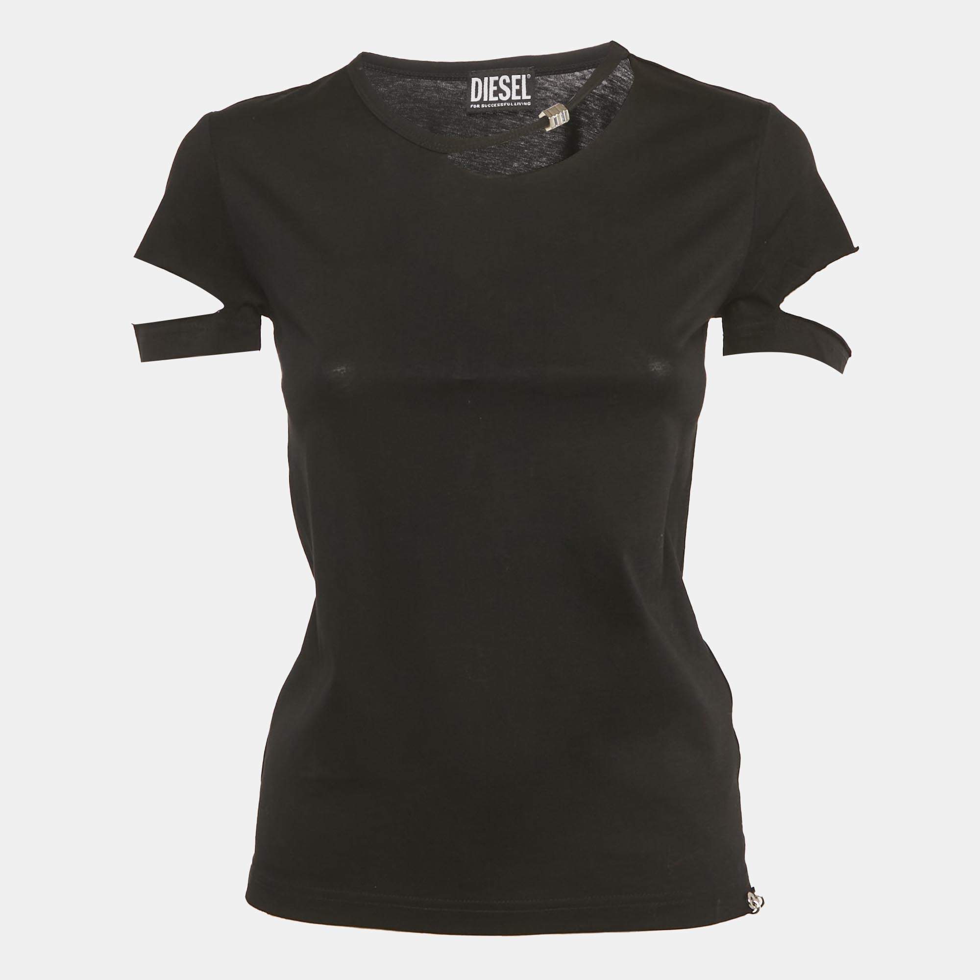 Pre Owned تي شيرت ديزل أسود بفتحة رقبة ممزقة من الجيرسي مقاس صغير