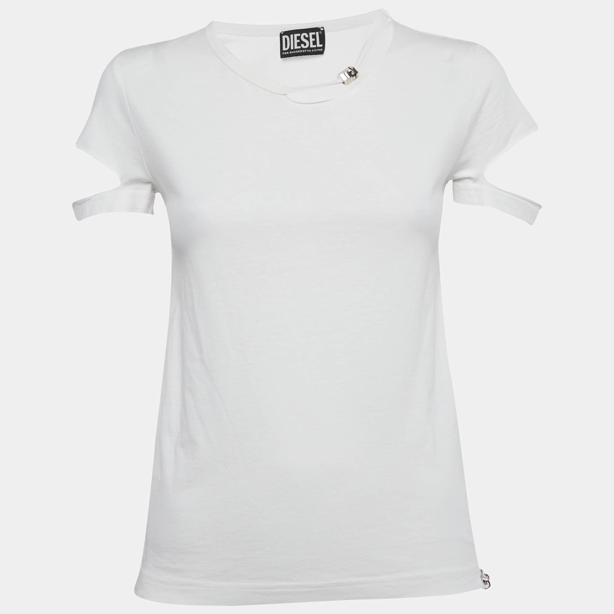 Pre Owned Diesel White Jersey Ripped Detail T-Shirt S