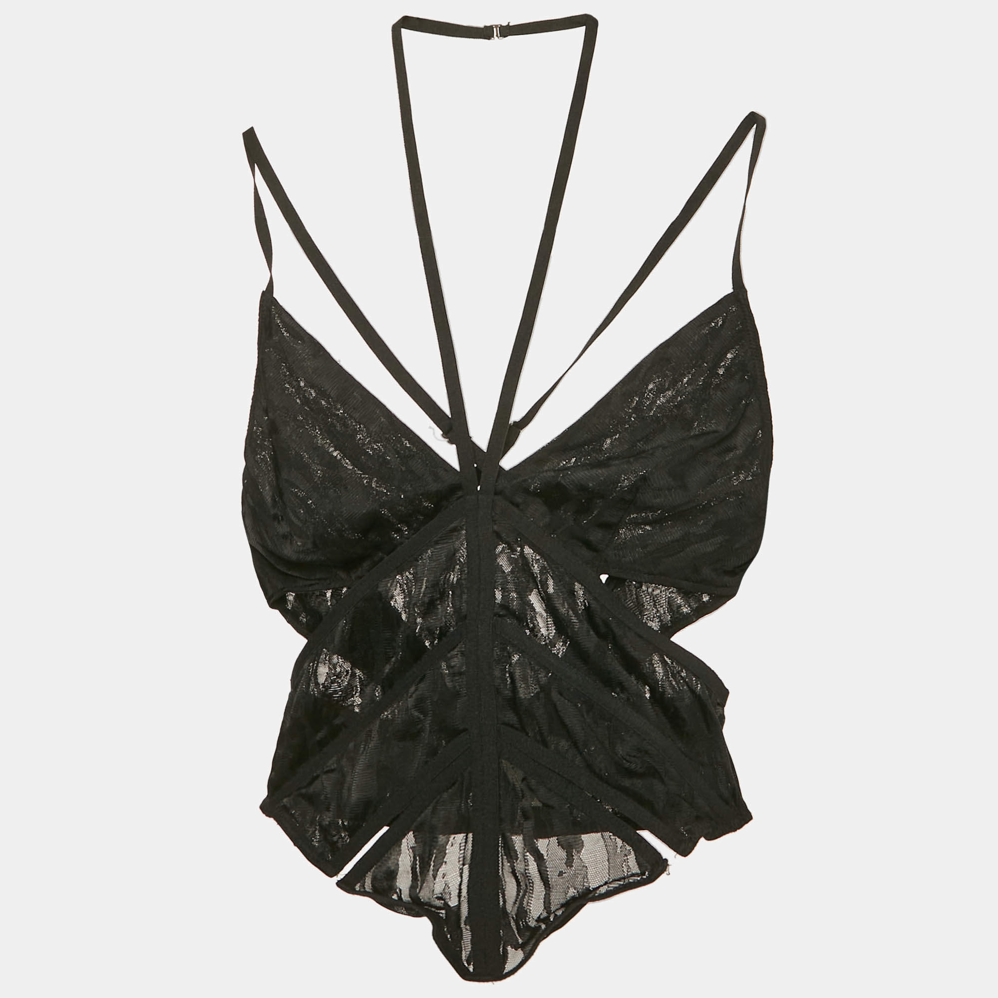 مملوكة مسبقًا Dion Lee Black Lace Cut-Out Sheer Corset Top S