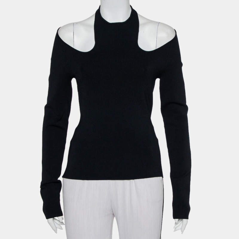 Pre Owned Dionlee Black Knit Cutaway Halterneck Long Sleeve Top L