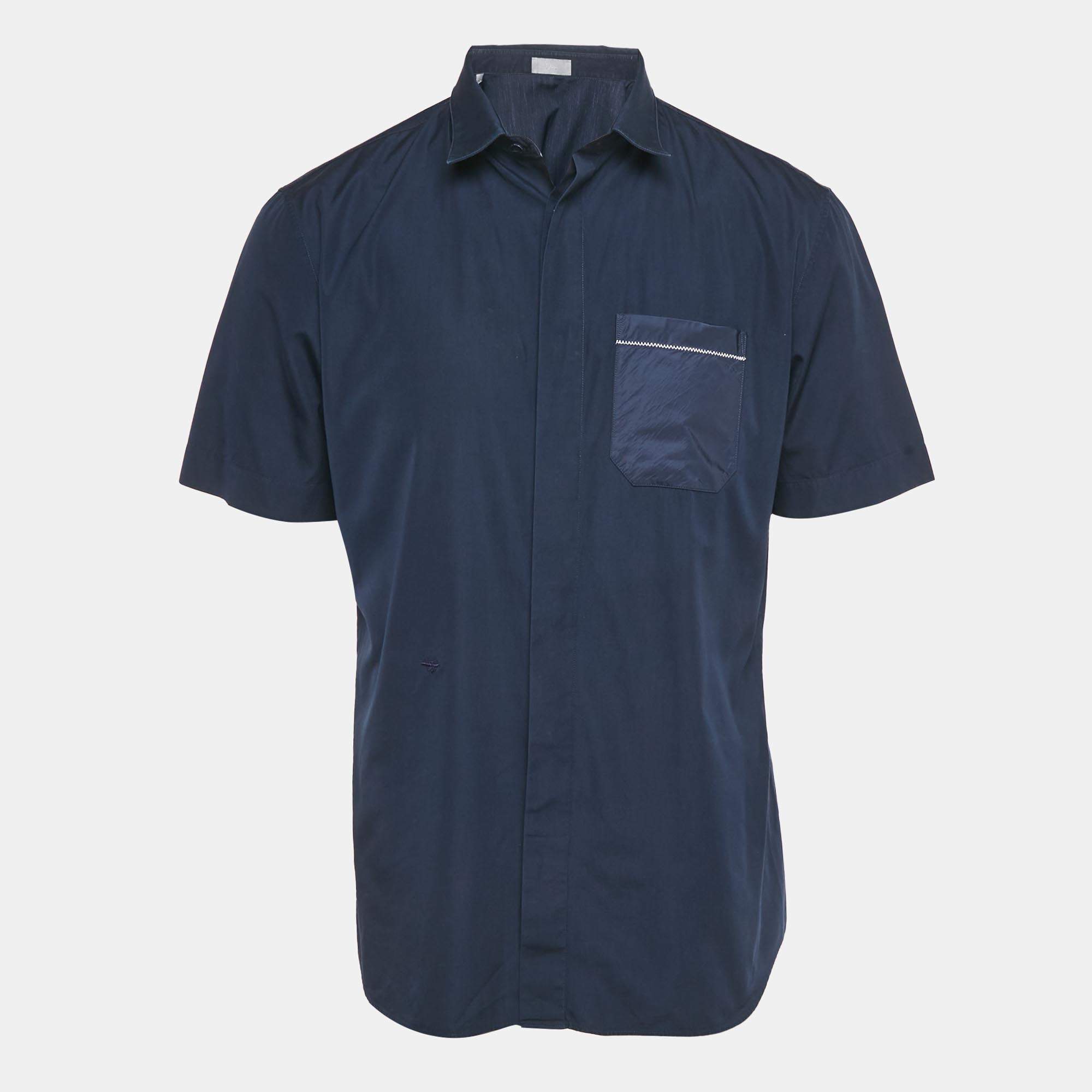 مملوكة مسبقًا Dior Homme Navy Blue Cotton Short Sleeve Shirt L