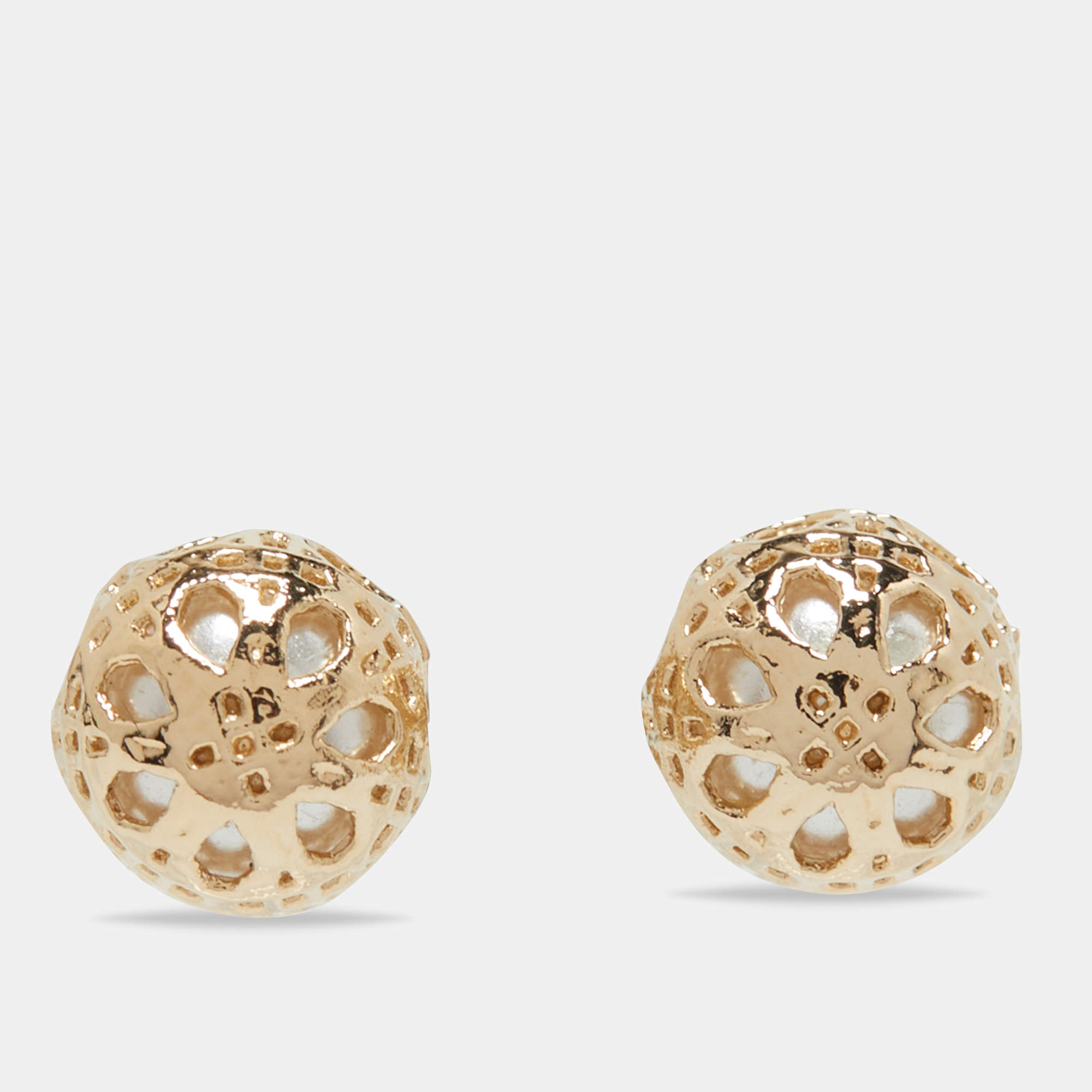 Pre Owned Dior Cannage Faux Pearl Gold Tone Earrings