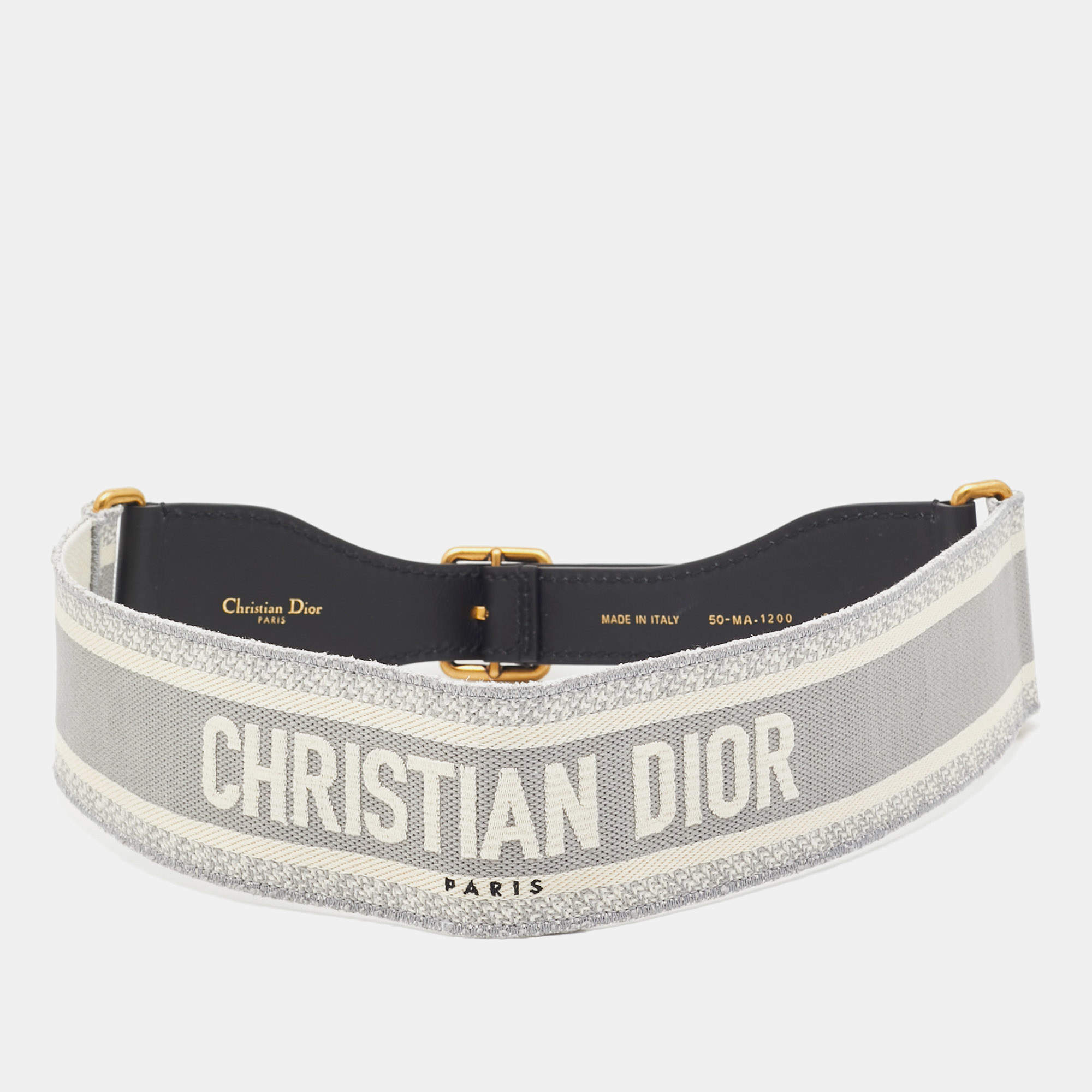 Dior Grey/Black Logo Embroidered Canvas And Black Leather Saddle Belt 80CM