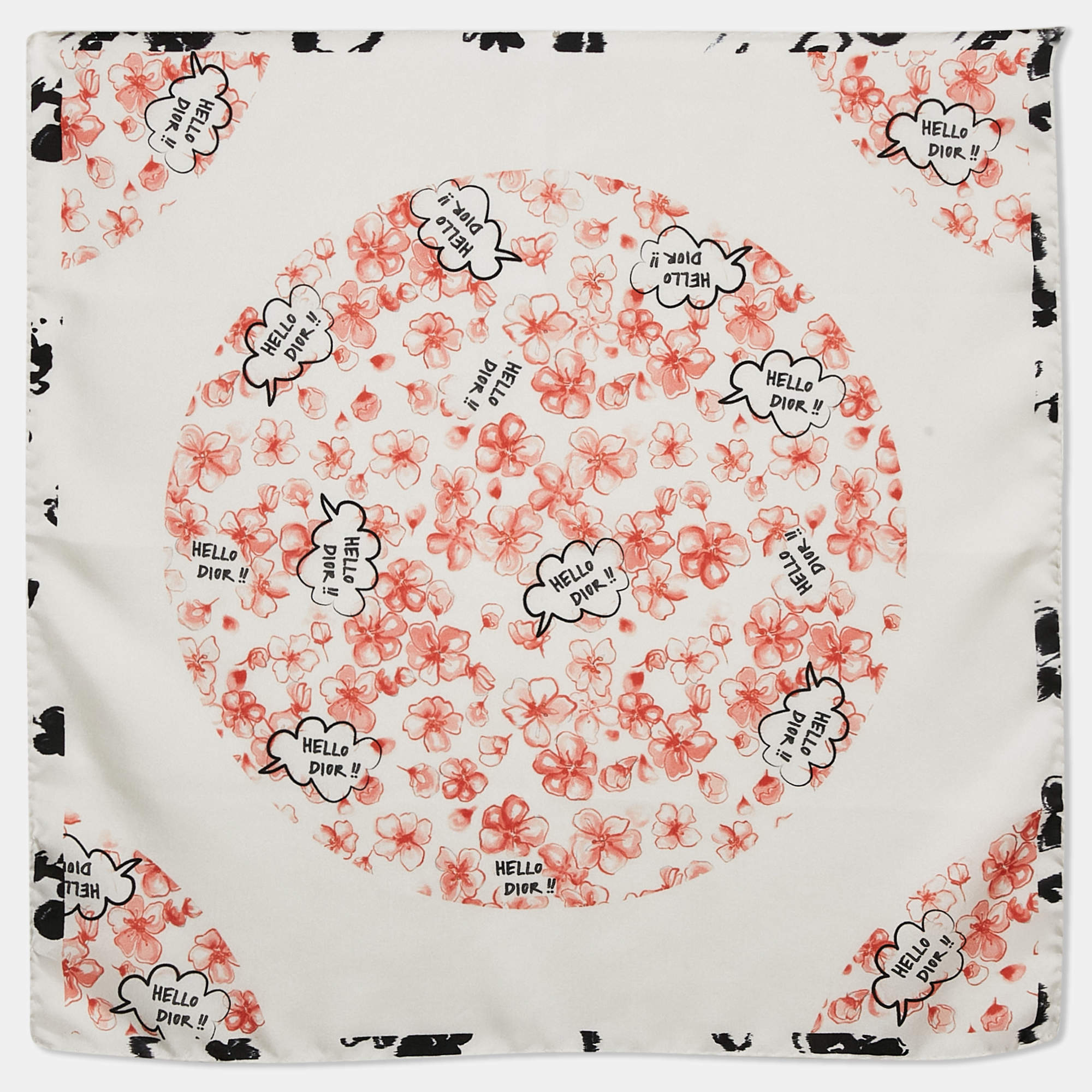 Dior White Floral Hello Dior Print Silk Bandana Scarf 
