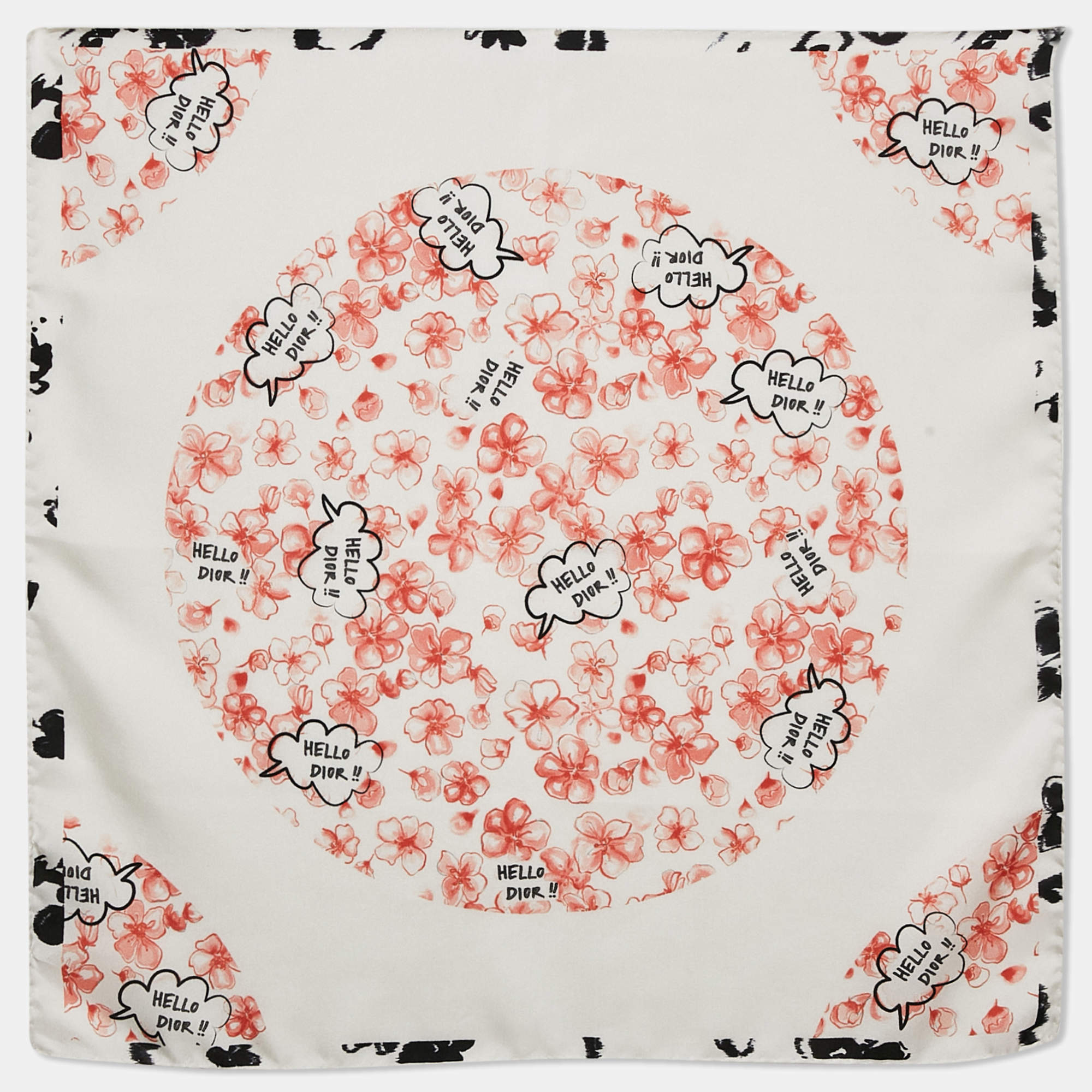 Dior White Floral Hello Dior Print Silk Bandana Scarf 
