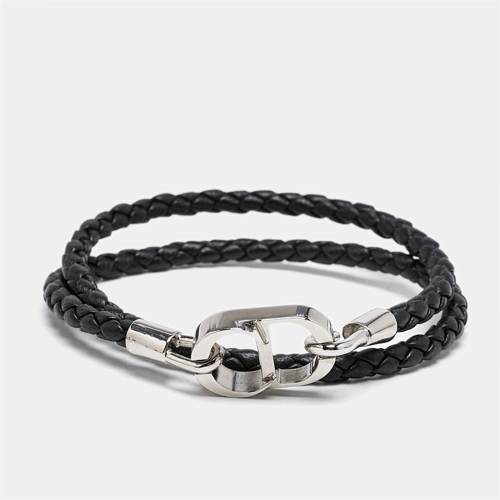 Dior CD Icon Braided Leather Silver Tone Double Bracelet