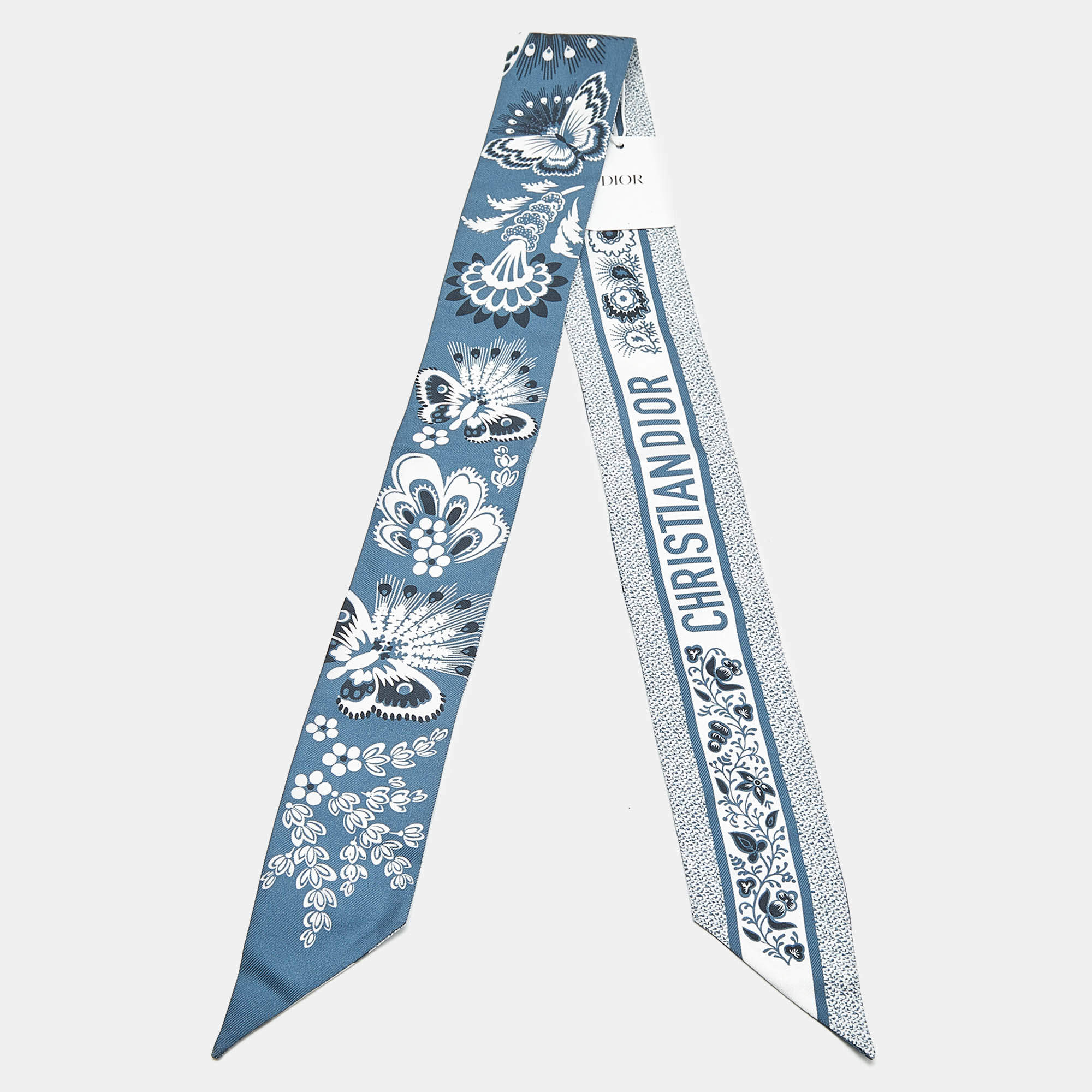 Pre Owned Dior Blue Butterfly Print Silk Mitzah Scarf 