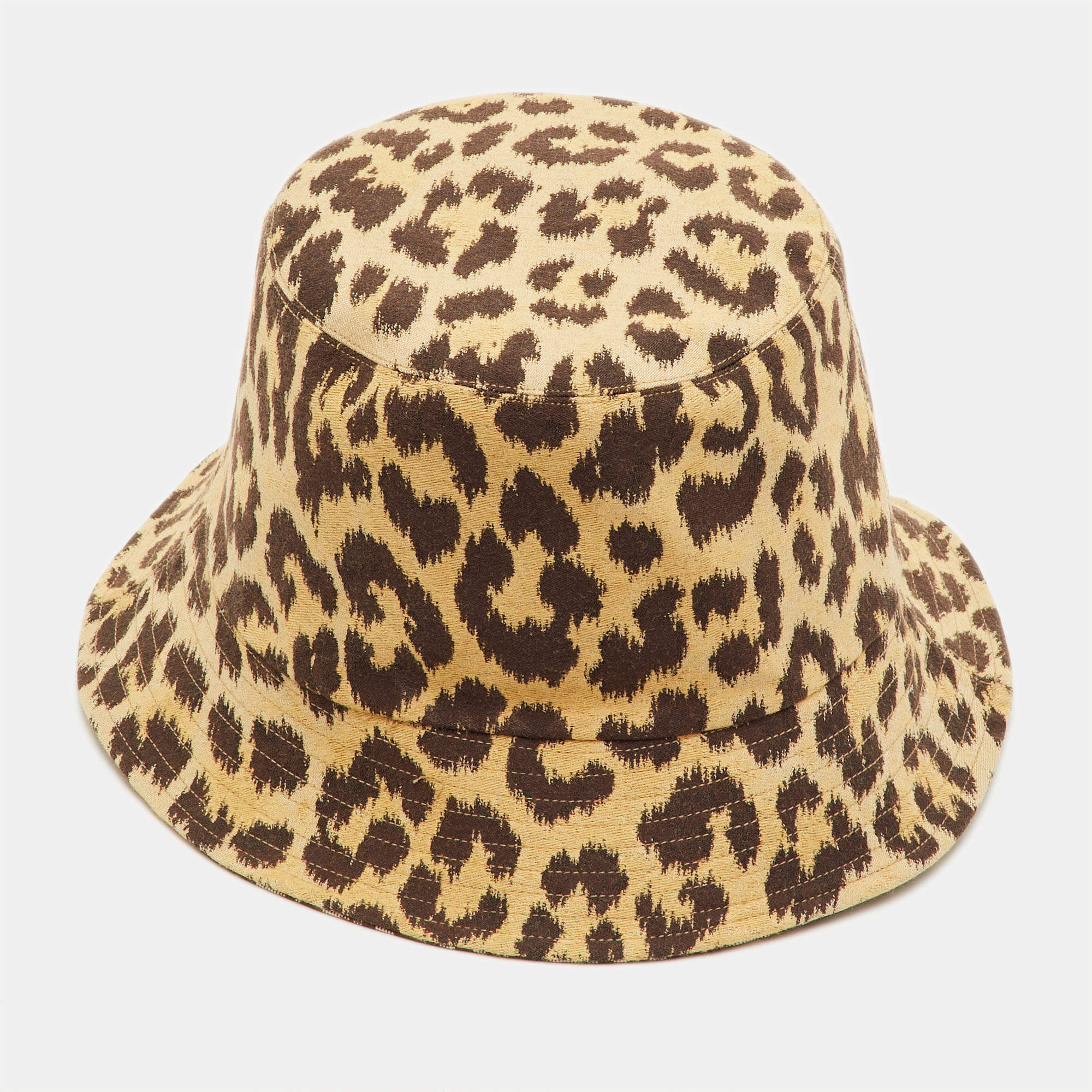 Pre Owned Dior Beige Oblique Leopard Pattern Reversible Bucket Hat Size 57