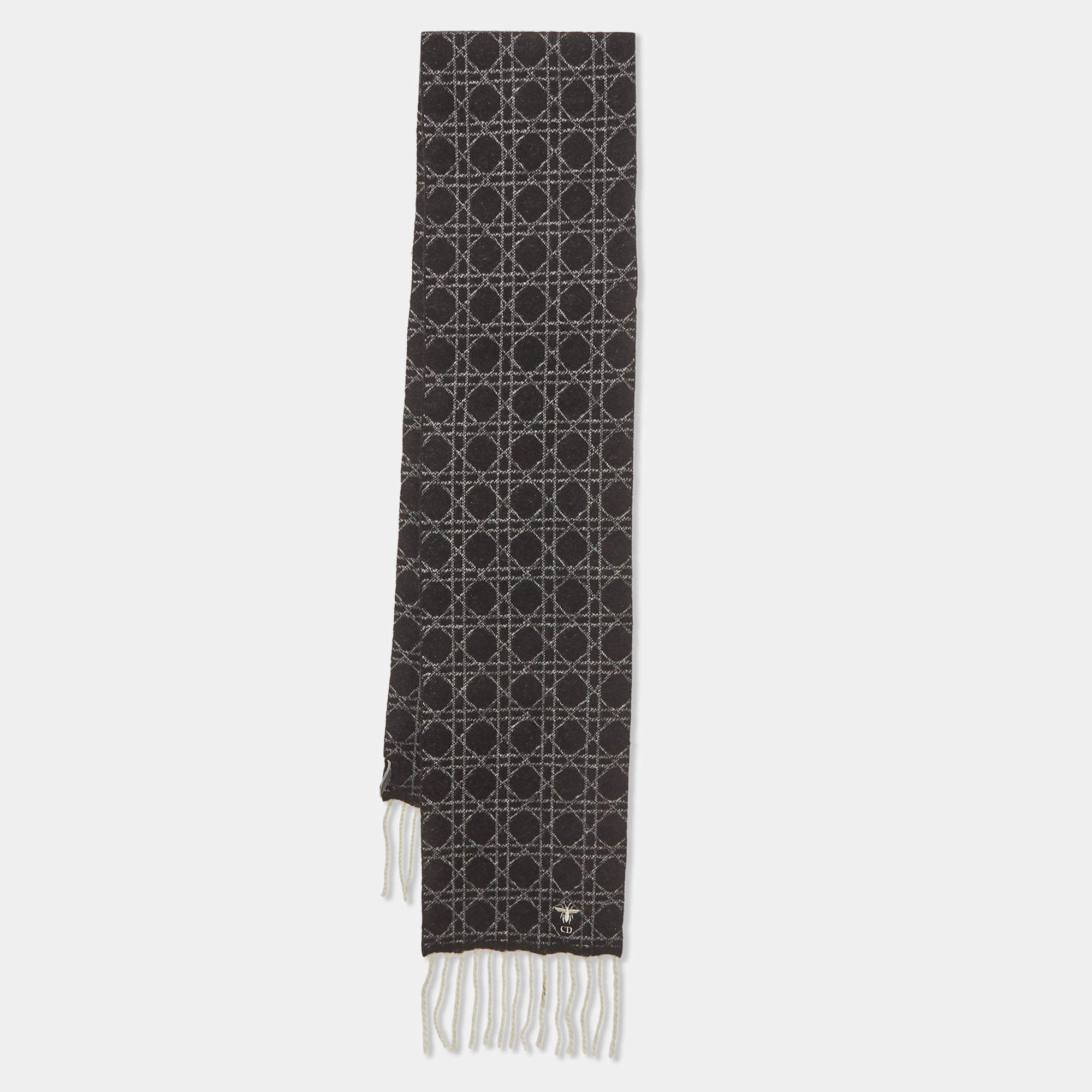 Pre Owned Christian Dior Black Cannage Cashmere Jacquard Fringed Scarf