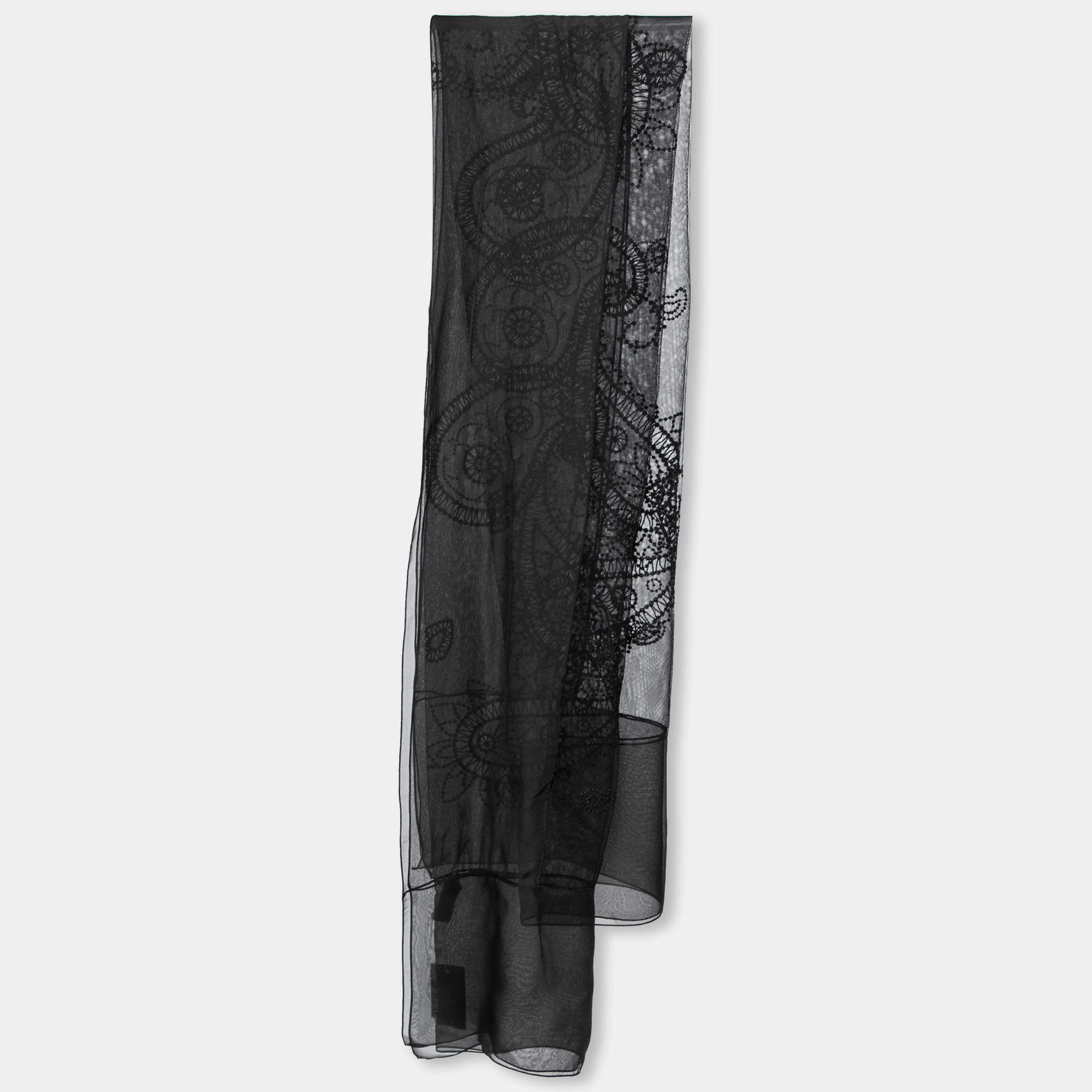Pre Owned Dior Black Paisley Embroidered Silk & Tulle Scarf 