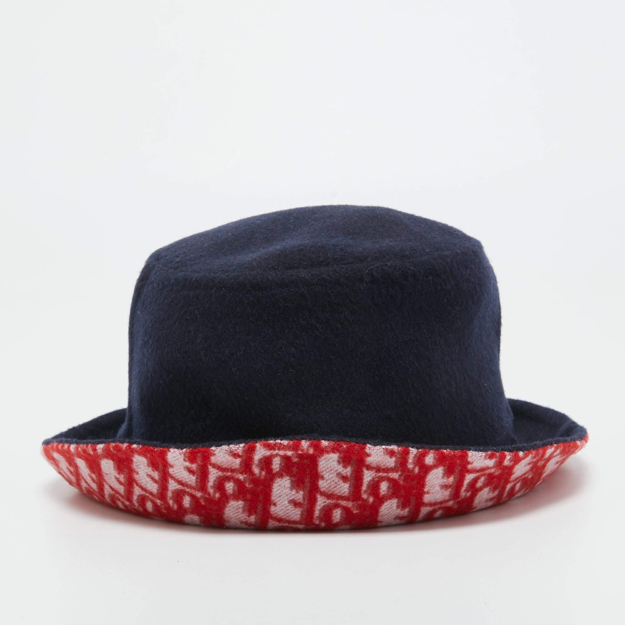 Dior Navy Blue/Red Oblique Wool Reversible Dior Chic Hat Size 57