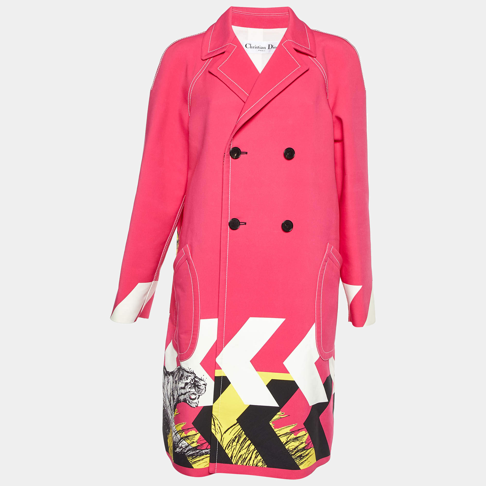 Dior Pink Printed Gabardine Button Front Coat L