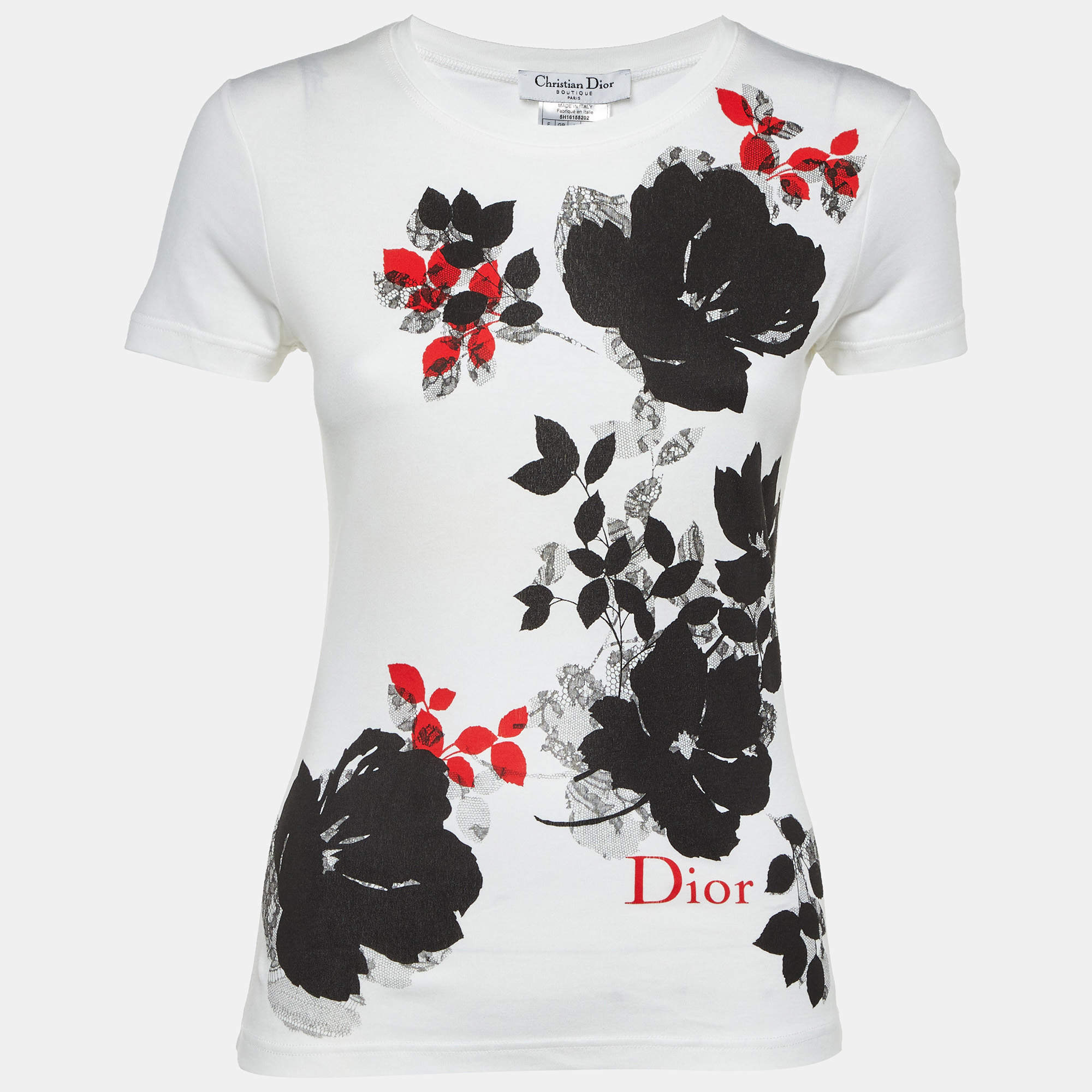 Pre Owned Christian Dior White Floral Printed Cotton Knit T-Shirt M