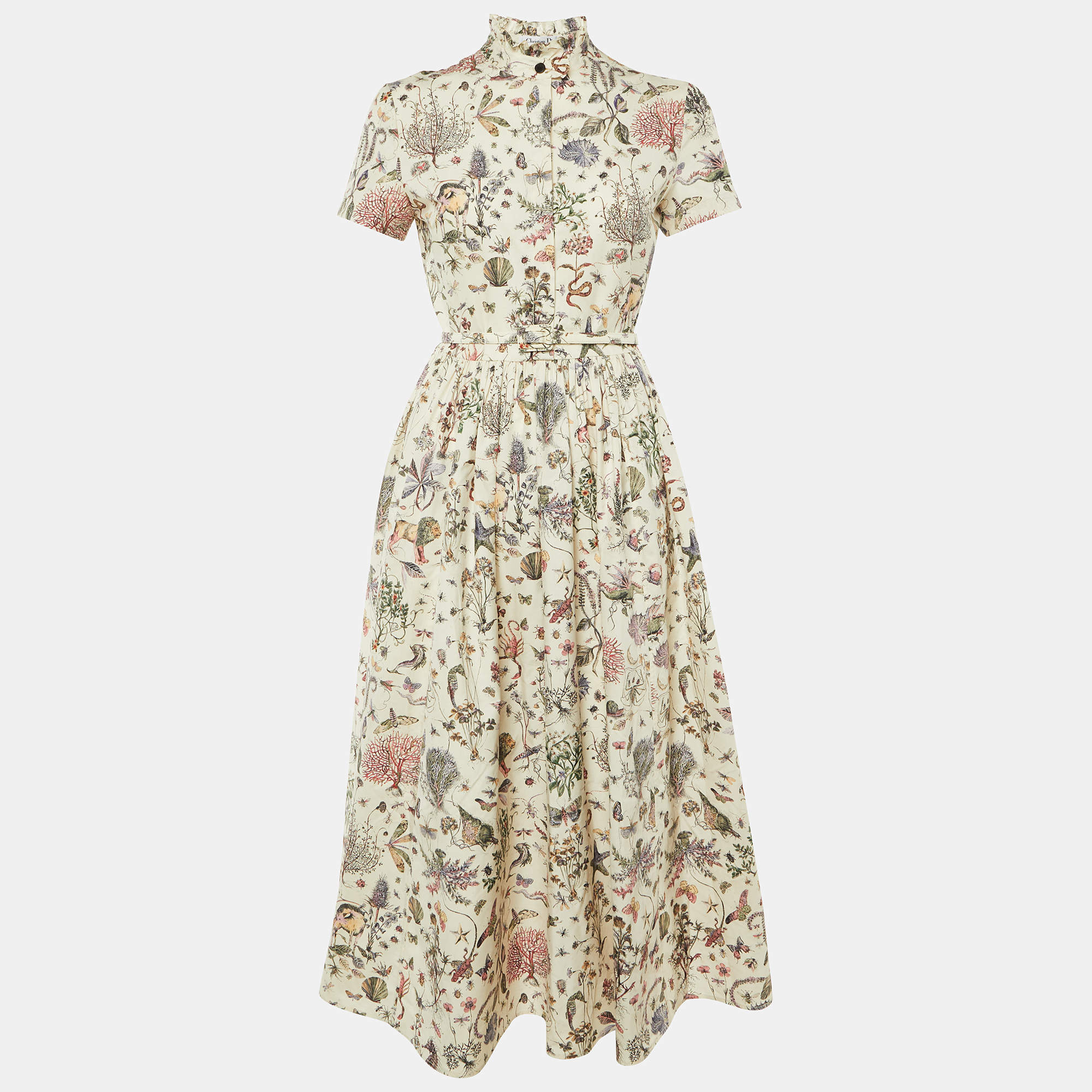 Pre Owned Dior Cream Insect Print Cotton & Silk Midi Dress M