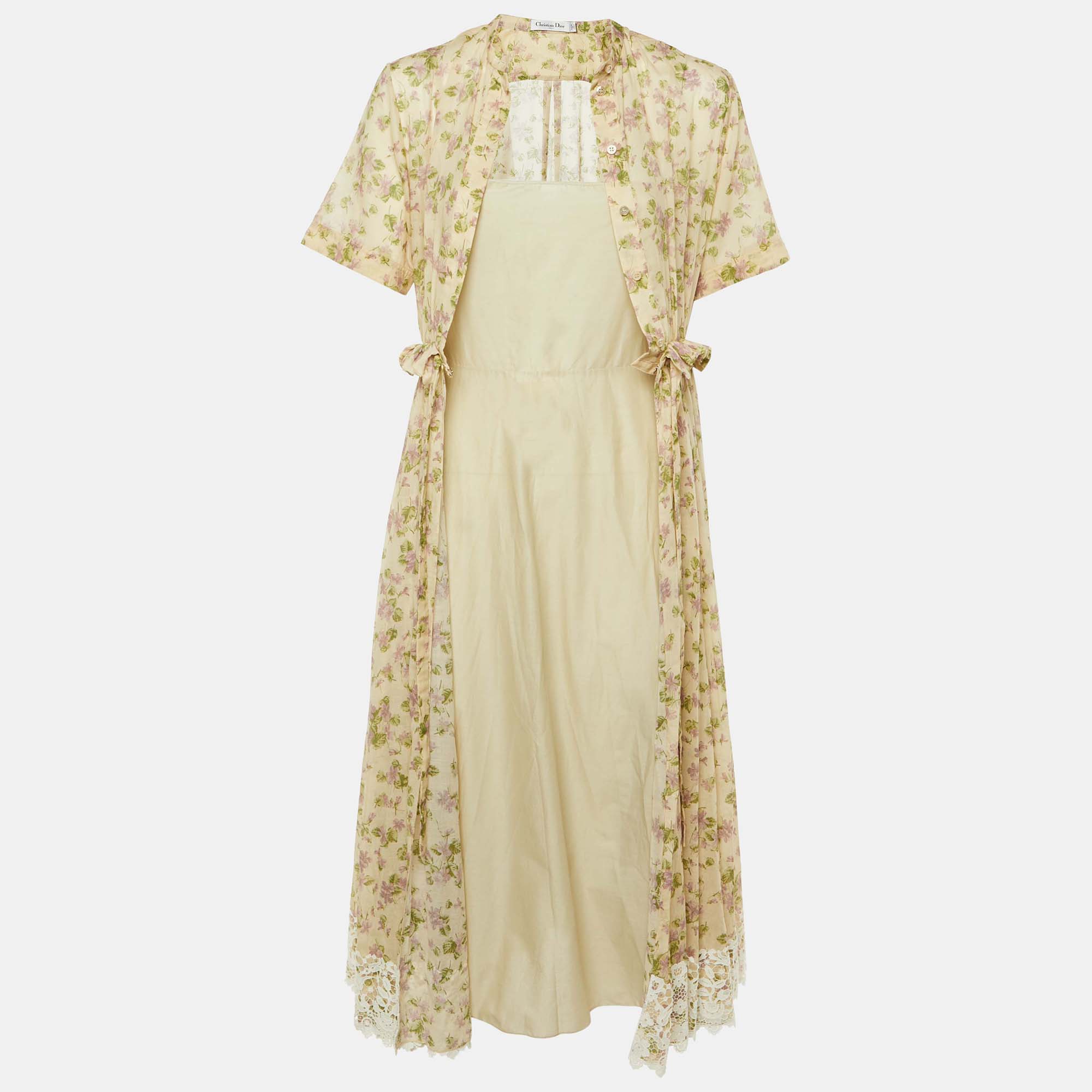 Dior Beige Floral Print Cotton Lace Trim Midi Dress M Dior TLC UAE
