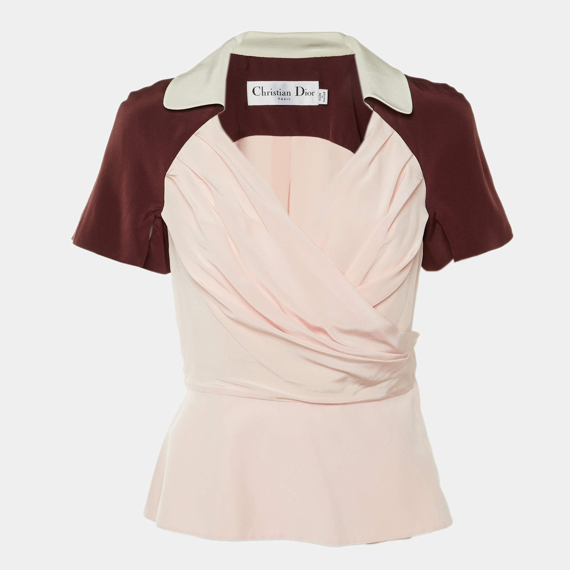 Pre Owned Dior Pink/Burgundy Silk Ruched Wrap Top M