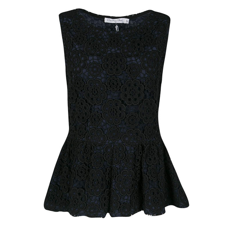 Pre Owned Dior Navy Blue and Black Floral Lace Overlay Sleeveless Peplum Top L