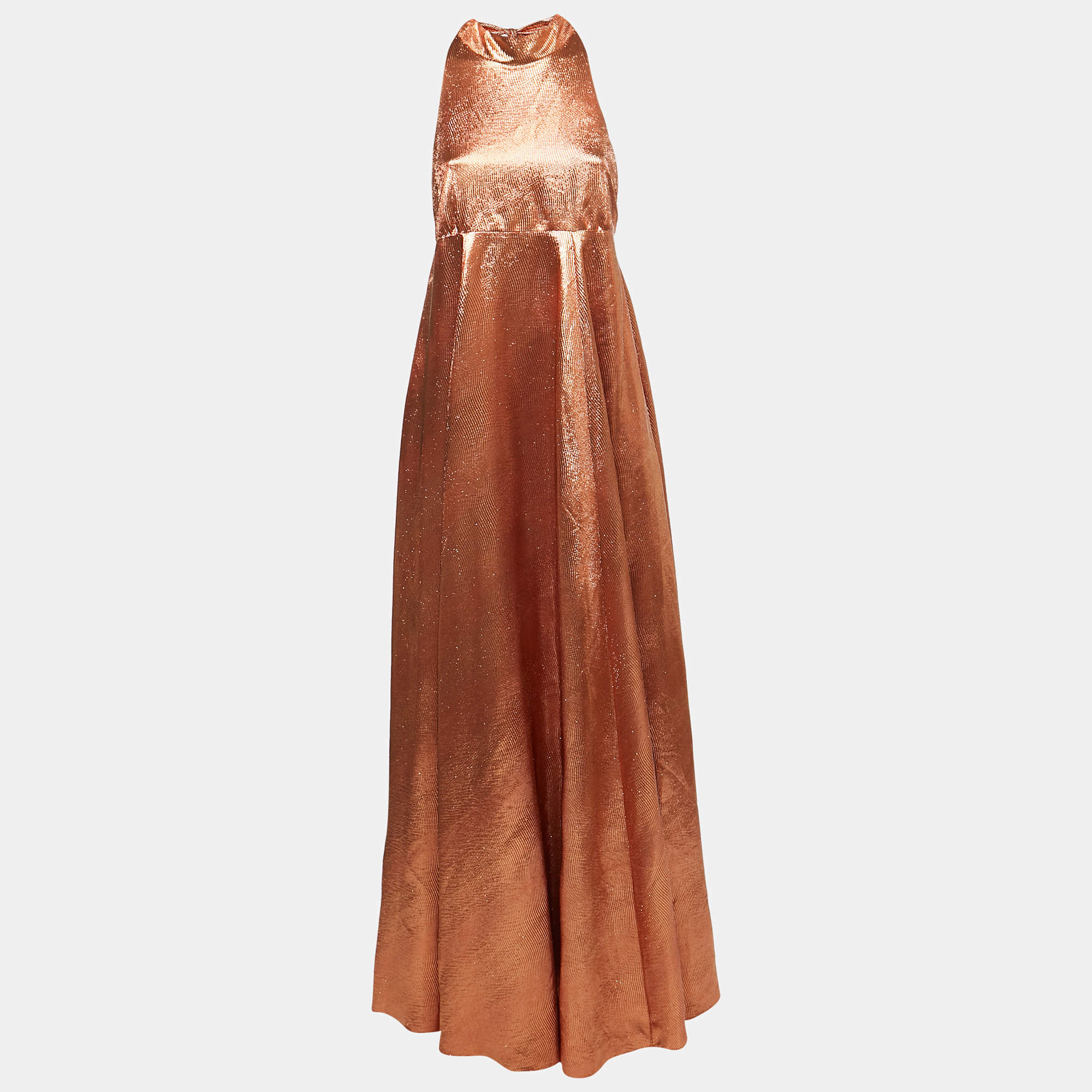 Christian Dior Orange Texture Lurex Halter Neck Gown M