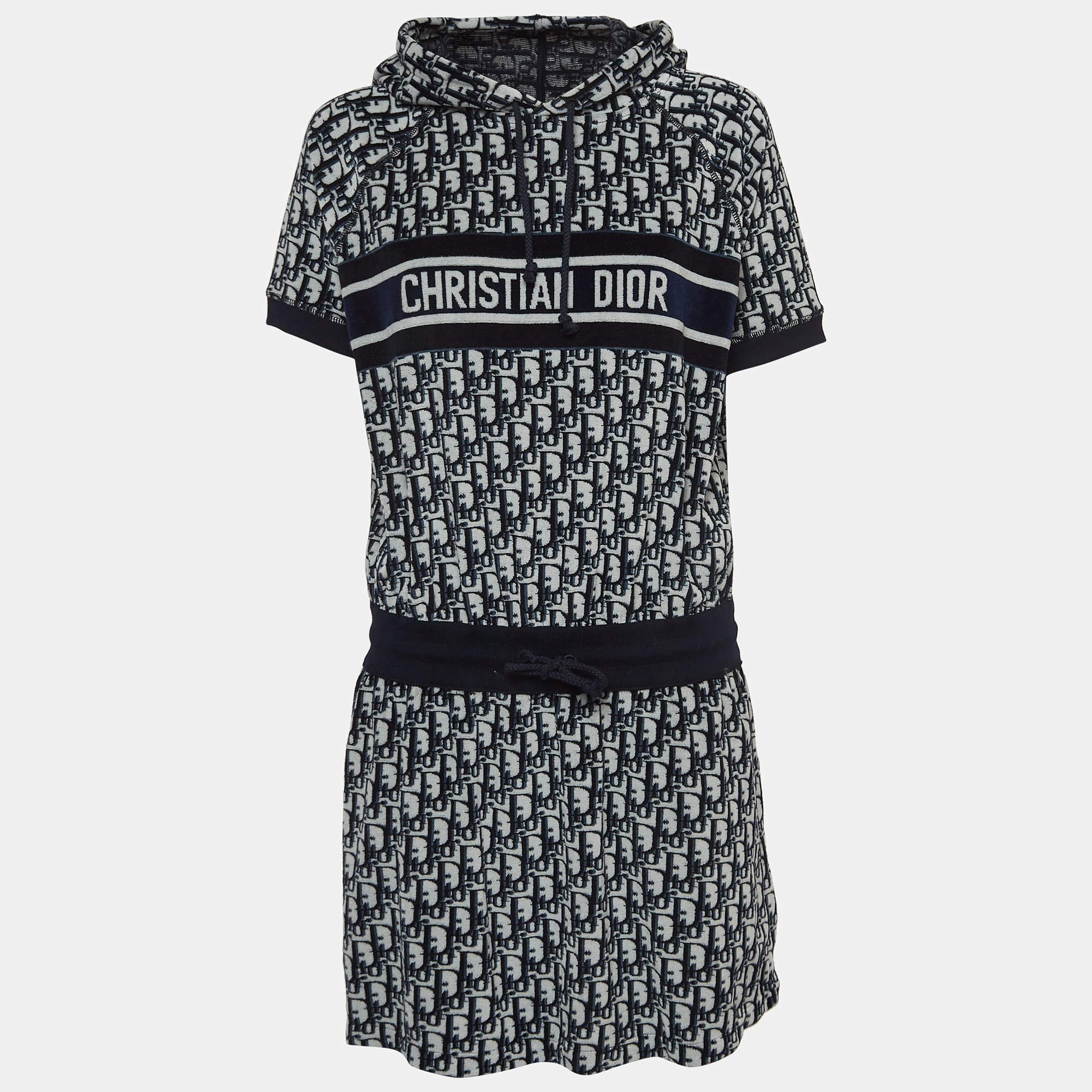 Pre Owned Christian Dior Navy Blue Oblique Terry Cotton Hooded Mini Dress L