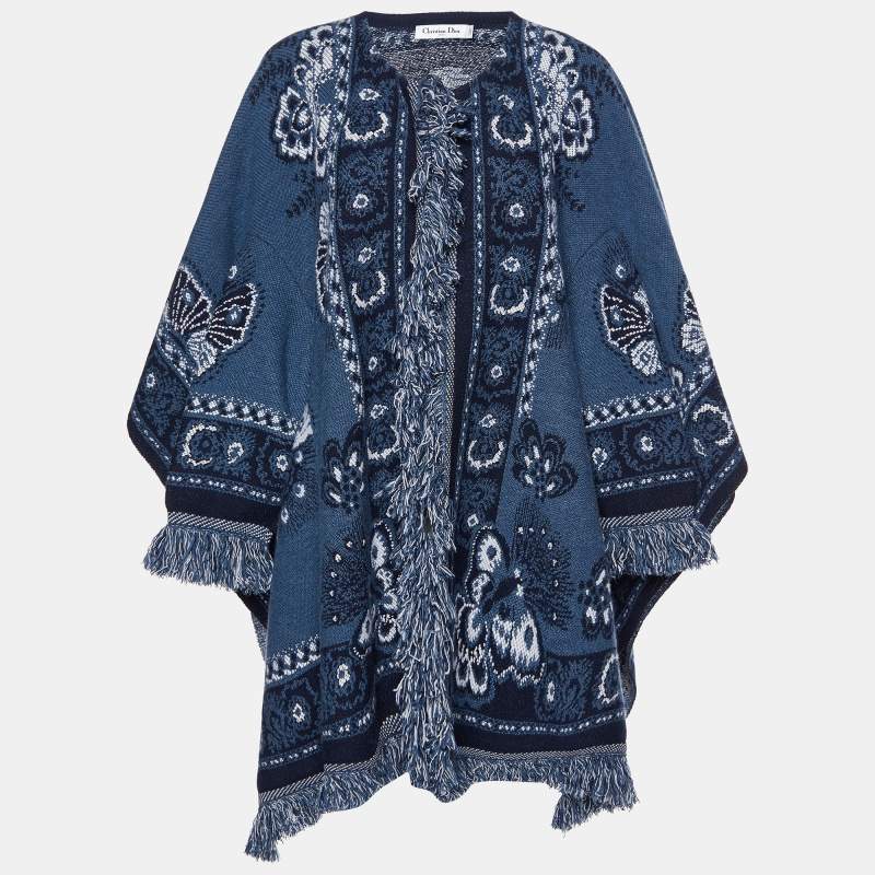 Pre Owned Dior Navy Blue Wool Jacquard Fringed Poncho S