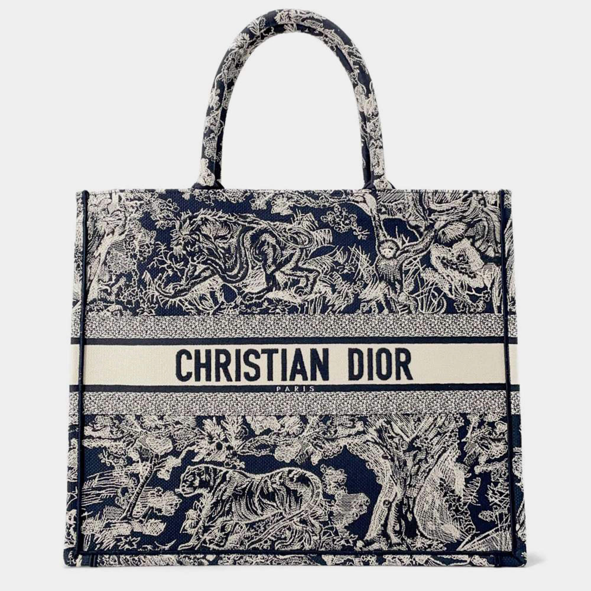 Pre Owned Dior Navy Blue/White Reverse Toile de Jouy Canvas Book Tote Bag