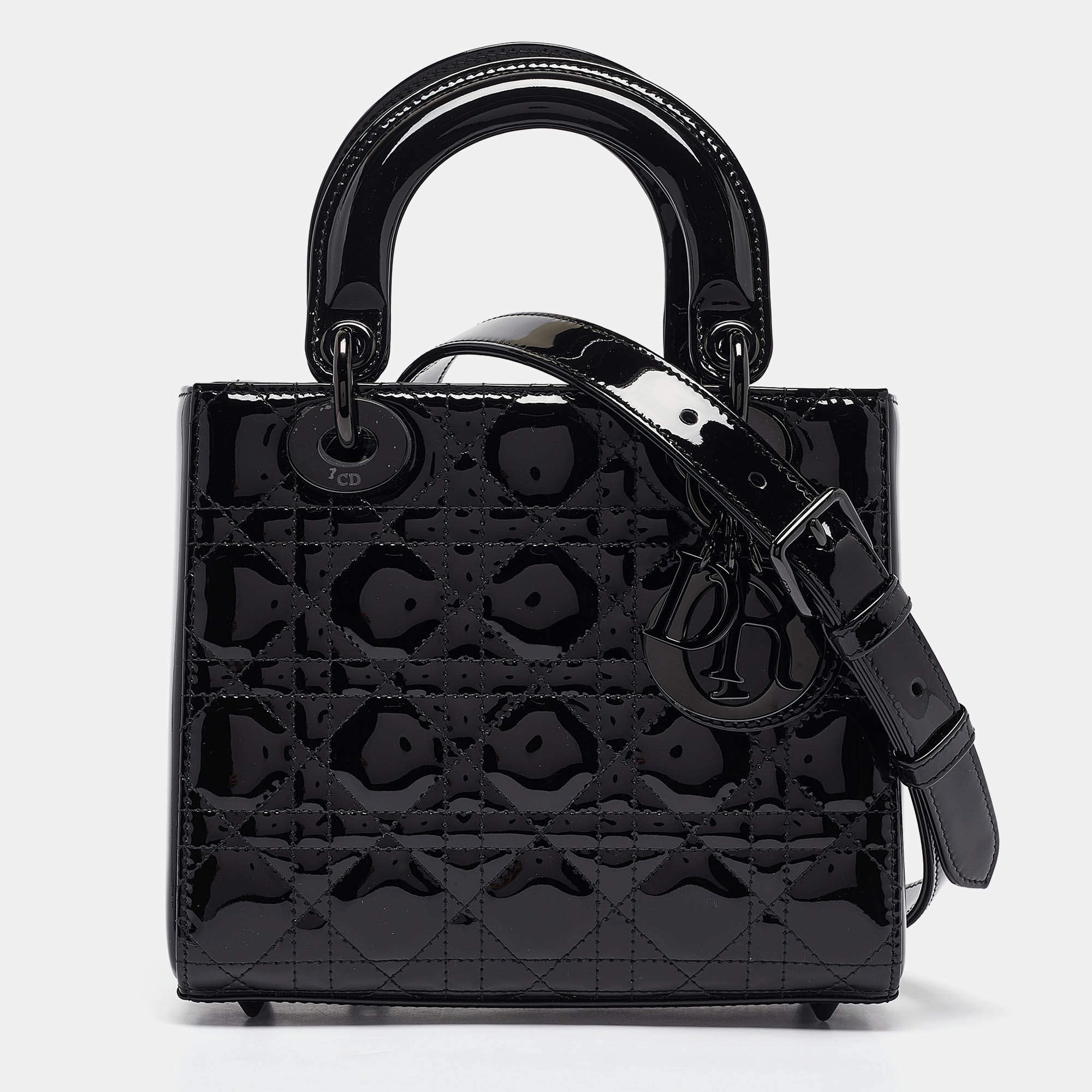 Pre Owned Dior Ultra Glossy Black Cannage Patent Leather Small Lady Dior Tote