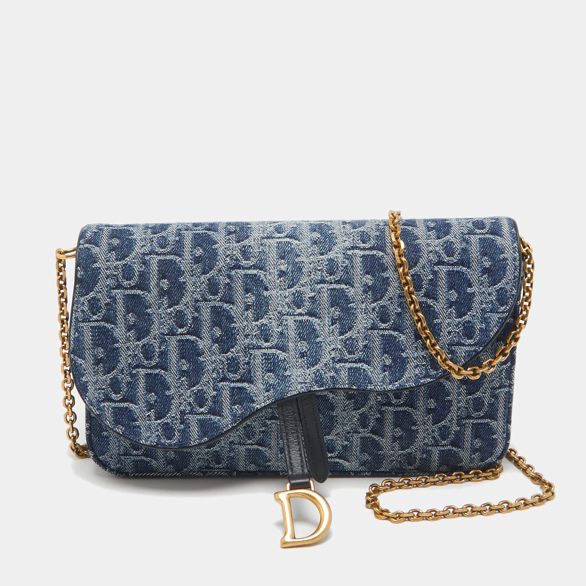 Pre Owned Dior Blue Oblique Denim Medium Chain Saddle Pouch