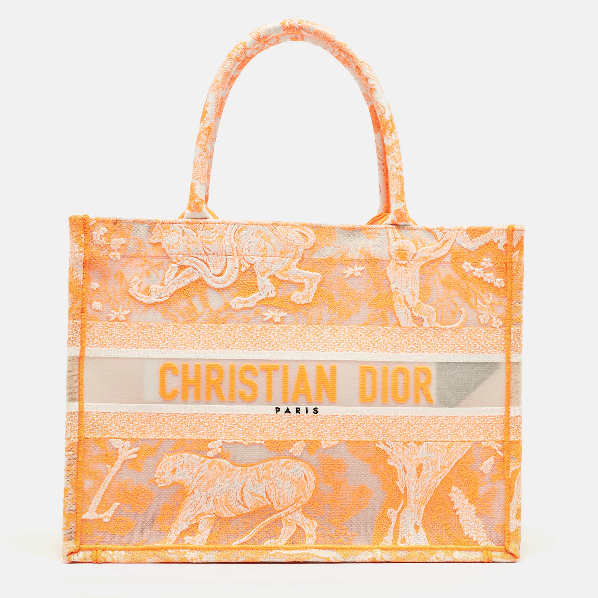 Dior Neon Orange Toile De Jouy Embroidered Mesh Medium Book Tote