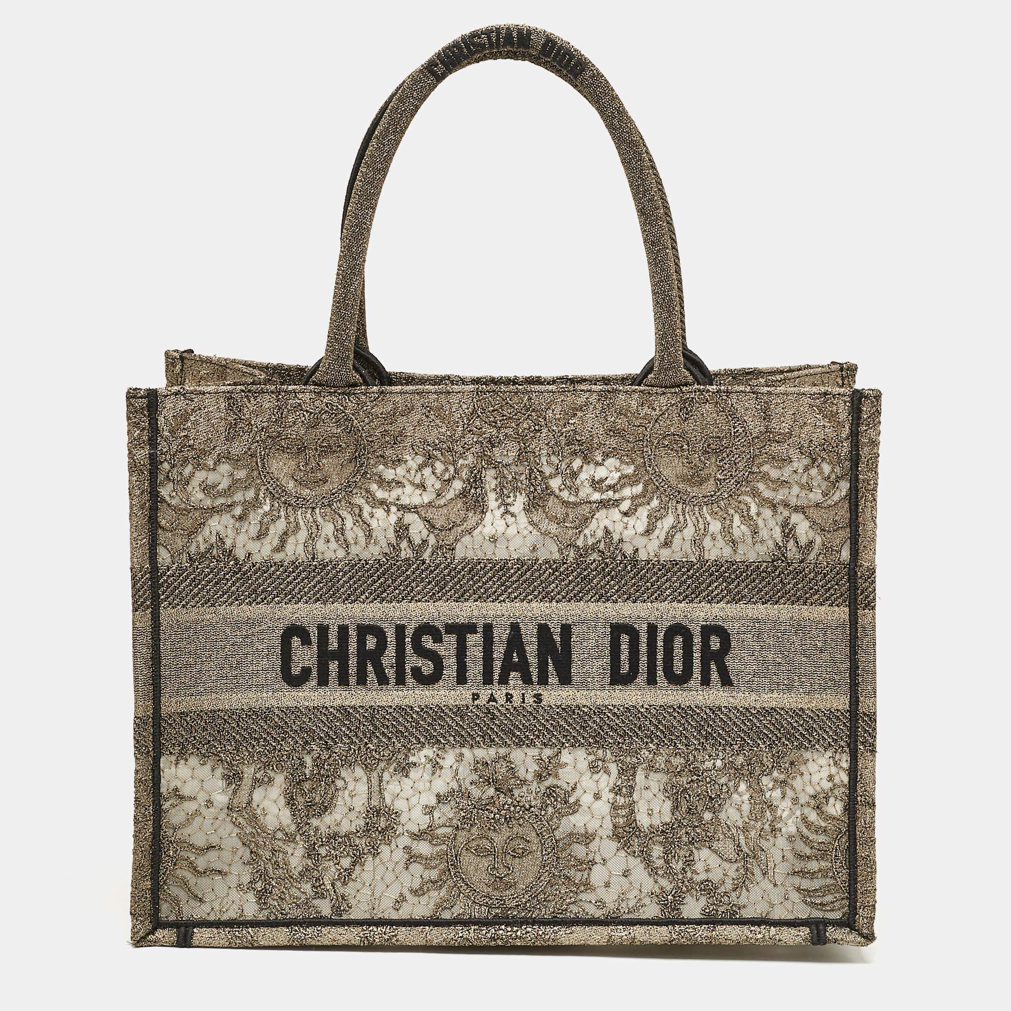Pre Owned Dior Metallic Gold Embroidered Mesh Medium Book Tote