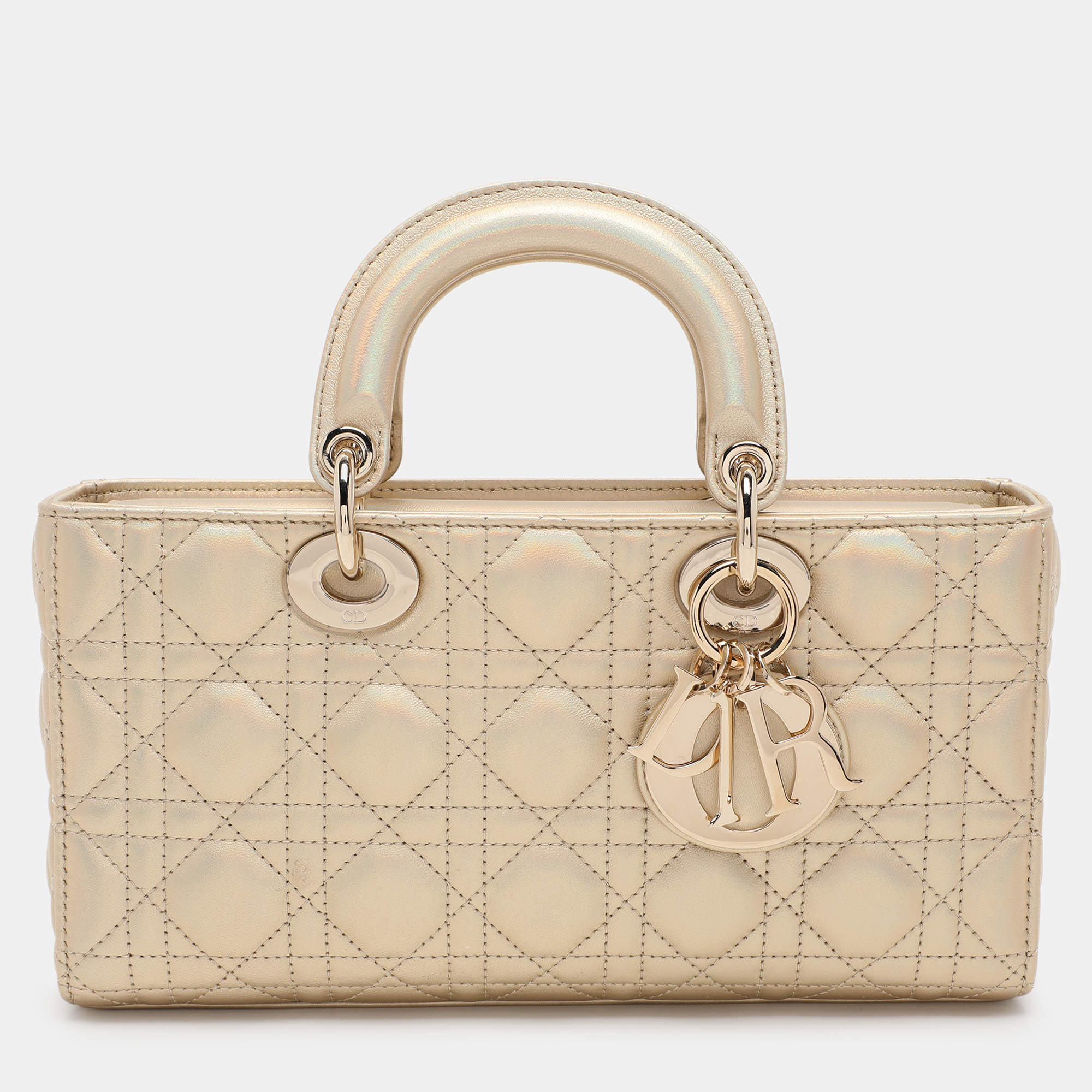 Pre Owned Dior Gold Iridescent Cannage Leather Medium Lady D-Joy Tote