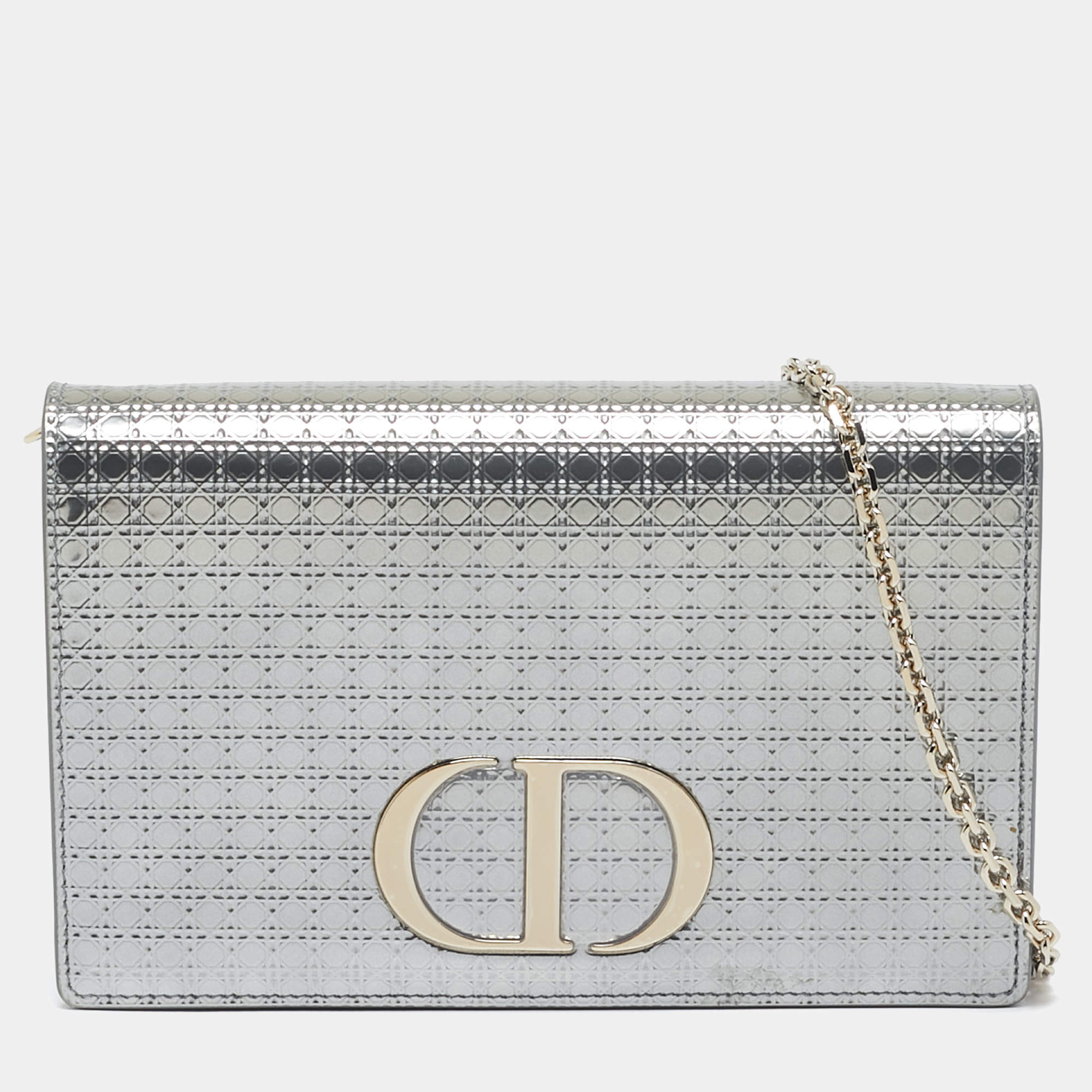 Dior Silver Microcannage Patent Leather 30 Montaigne Convertible Belt Bag
