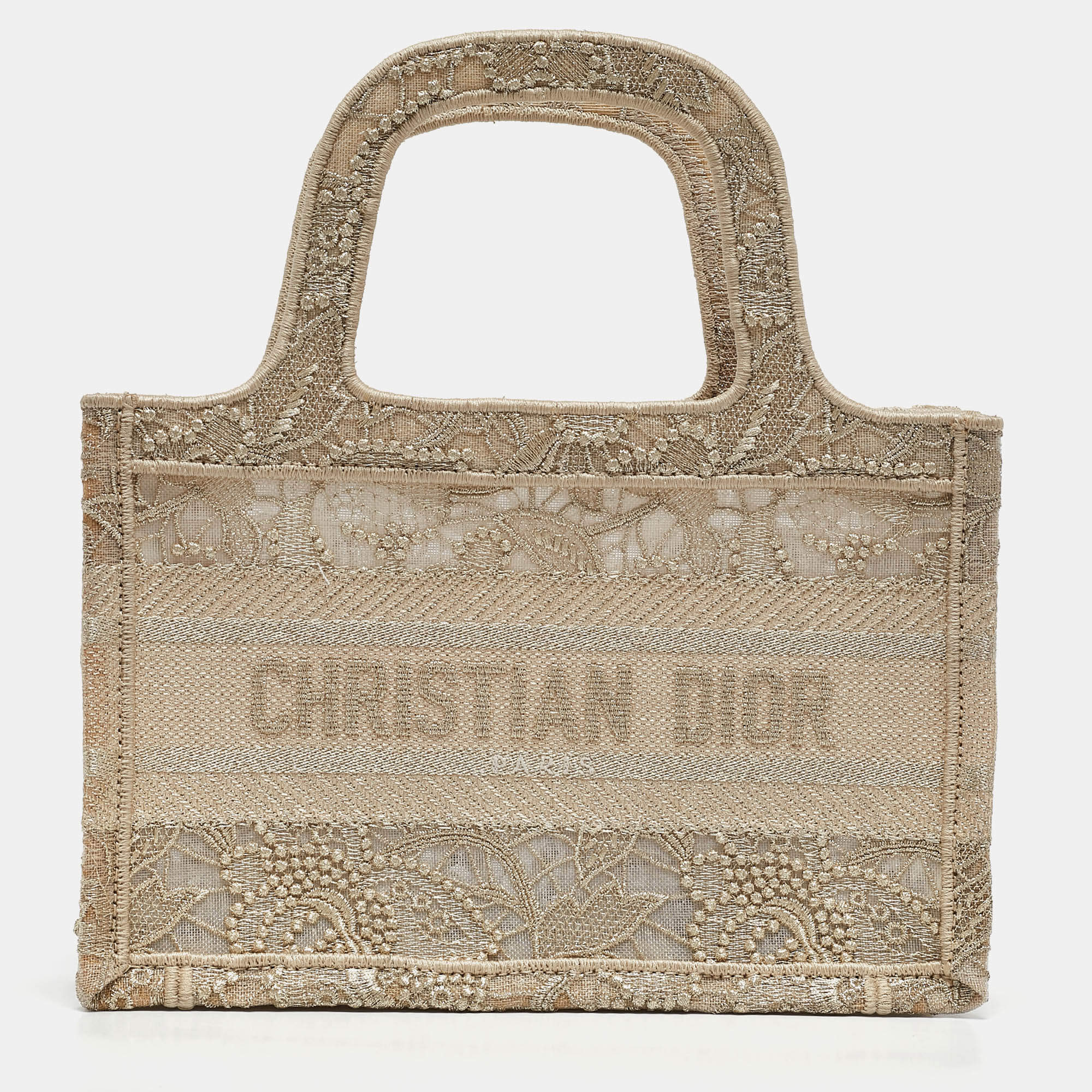 Pre Owned Dior Metallic Gold Embroidered Mesh Mini Book Tote