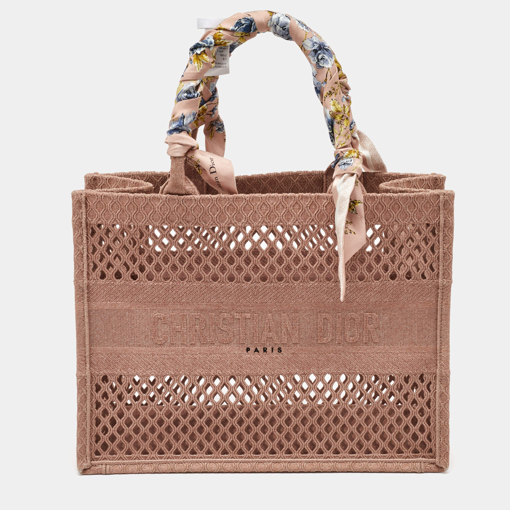 Pre Owned Dior Clay Pink Mesh Embroidered Fabric Medium Book Tote