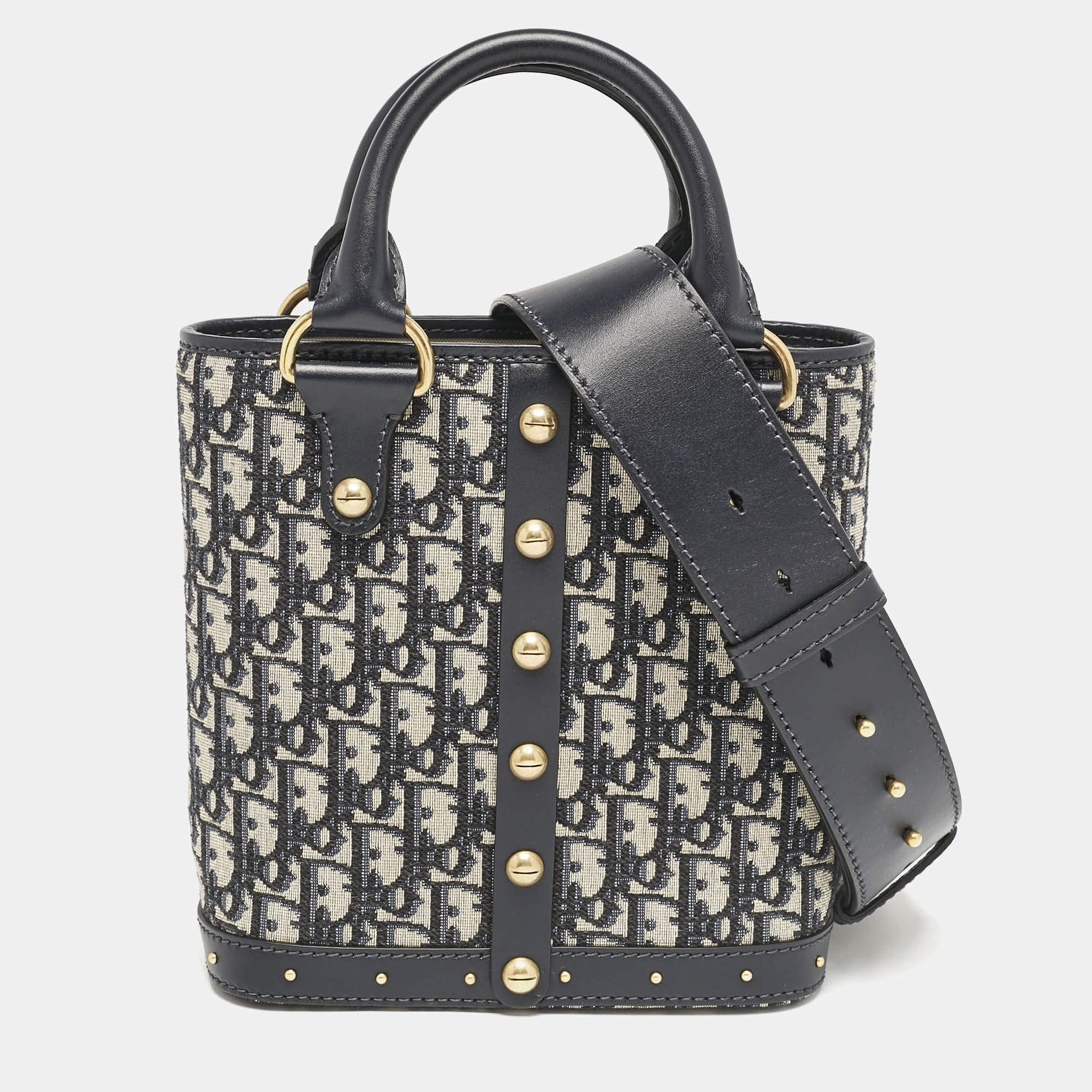 Pre Owned Dior Blue Oblique Canvas and Leather Studded DiorAvenue Bag