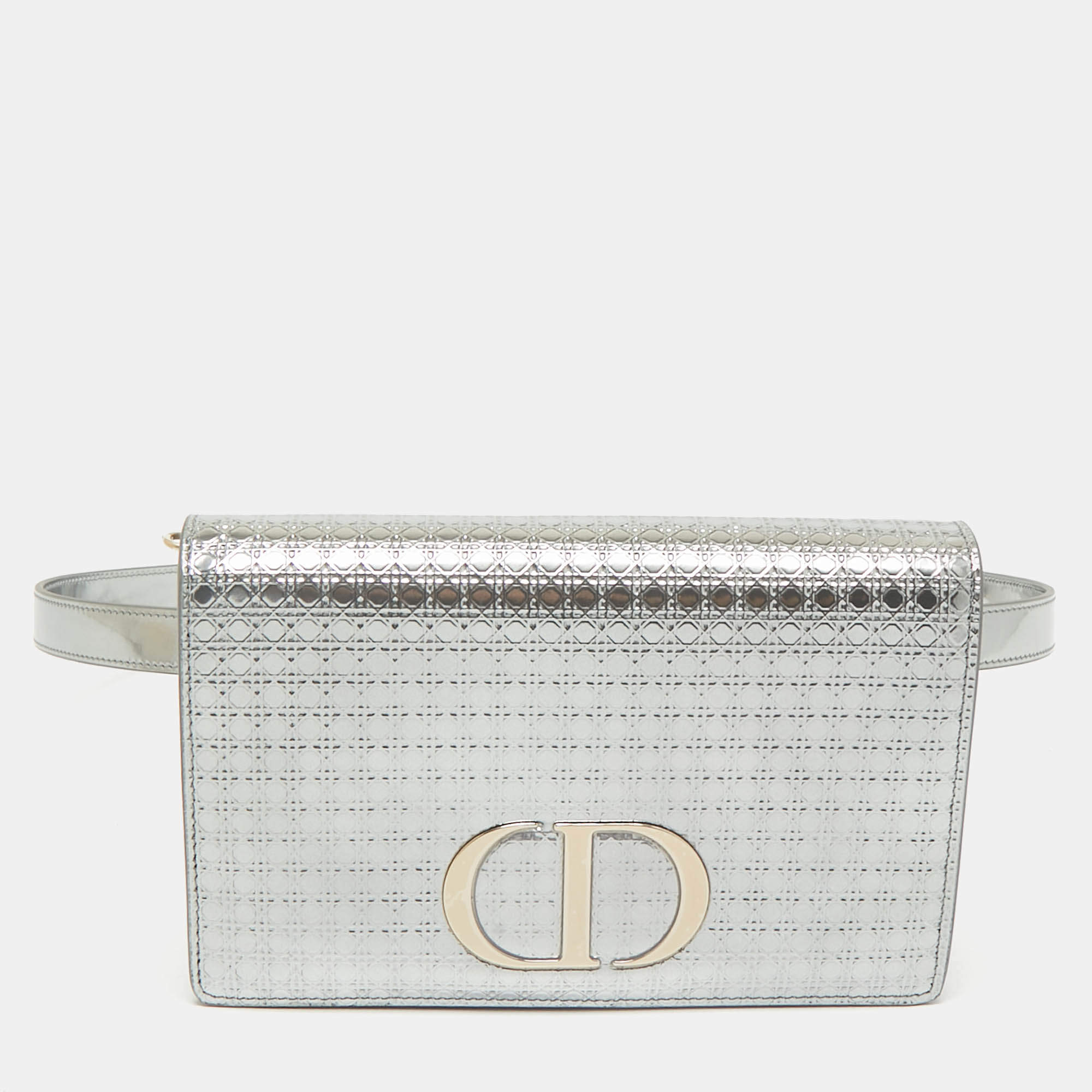Dior Silver Microcannage Patent Leather 2in1 30 Montaigne Pouch Bag