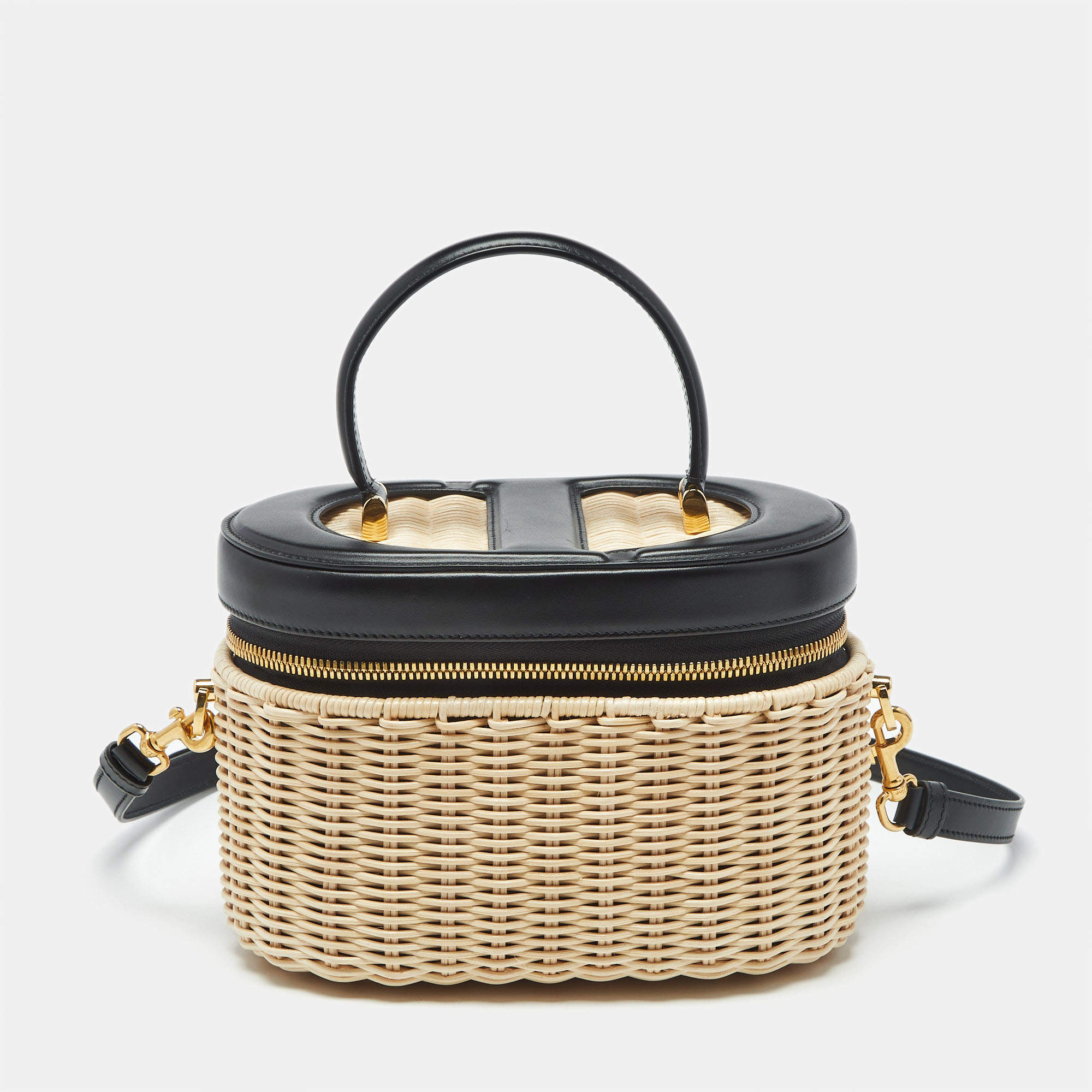 Pre Owned Dior Beige/Black Wicker and Leather CD Vanity Bag