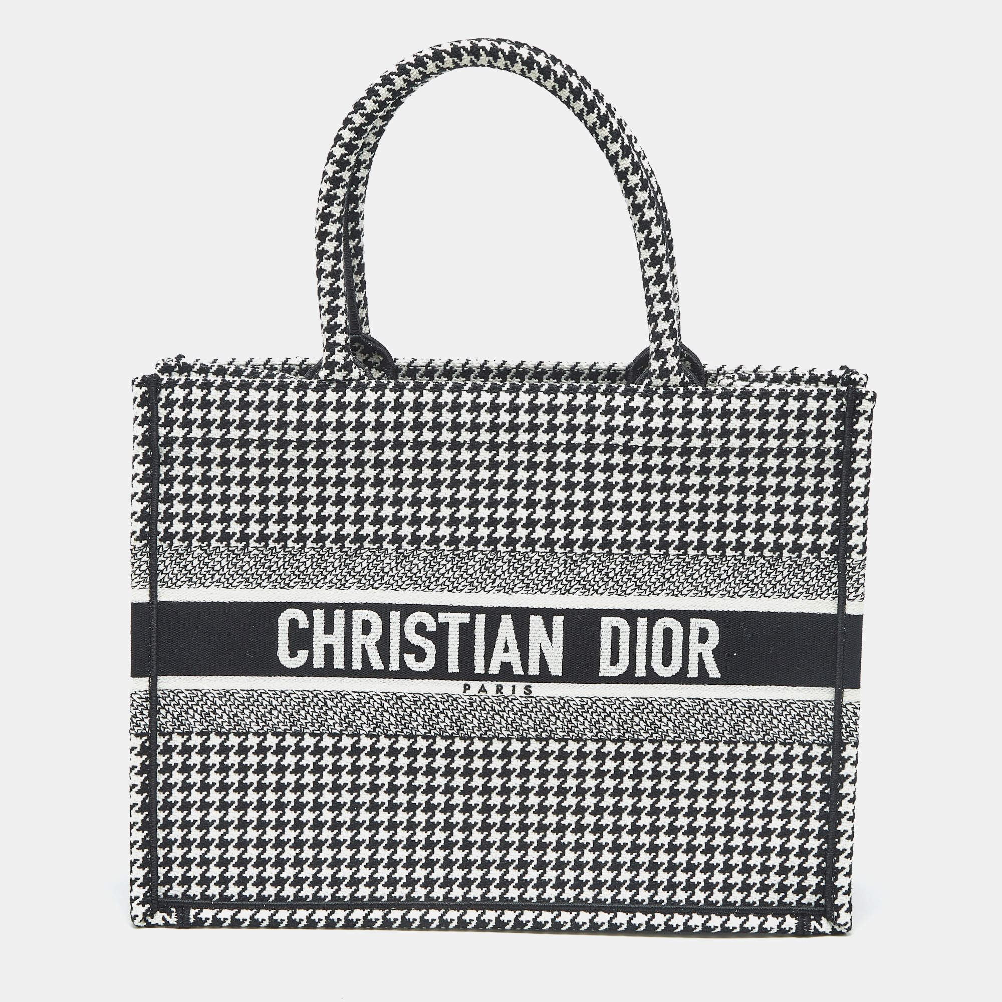 Pre Owned Dior Black/White Houndstooth Embroidered Canvas Medium Book Tote 