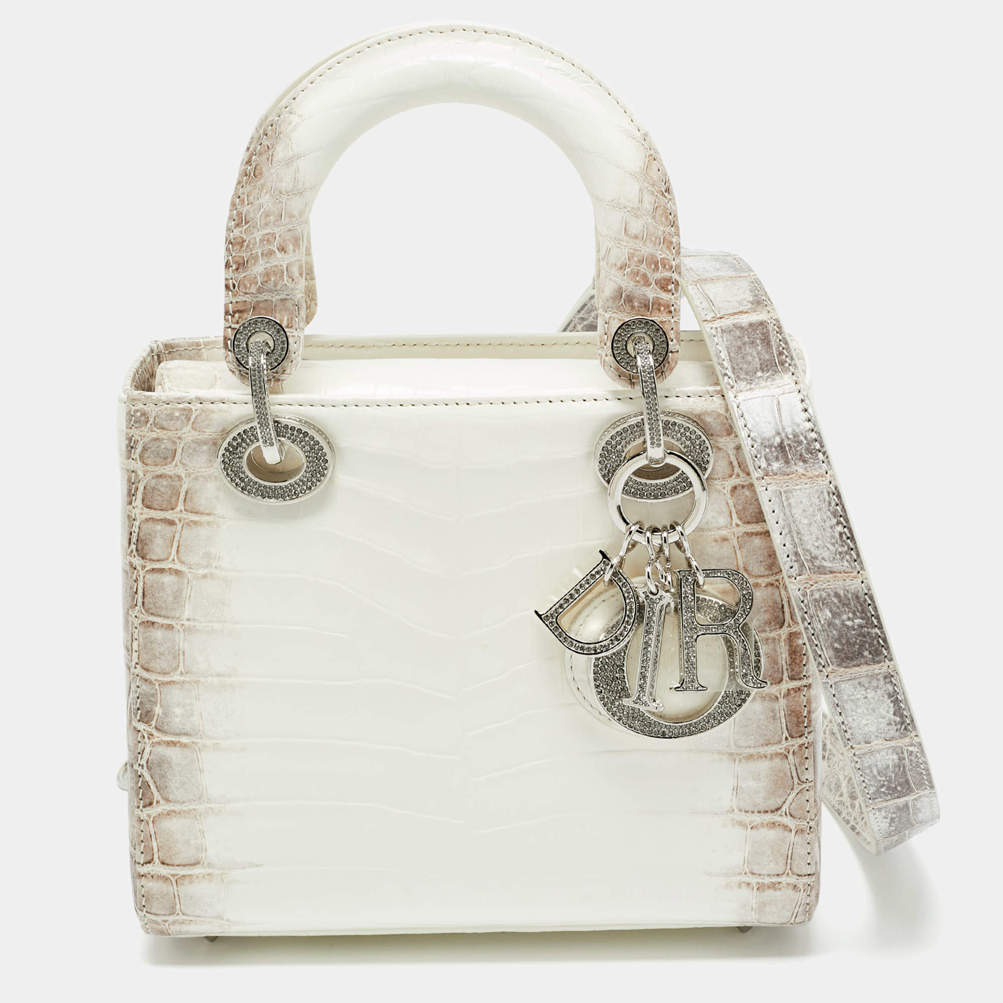 Pre Owned Dior White/Brown Himalayan Crocodile Small Lady Dior Tote