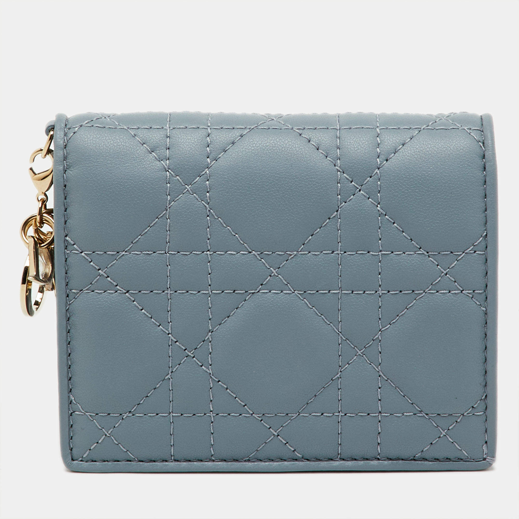 Pre Owned Dior Cloud Blue Cannage Leather Mini Lady Dior Gardenia Wallet