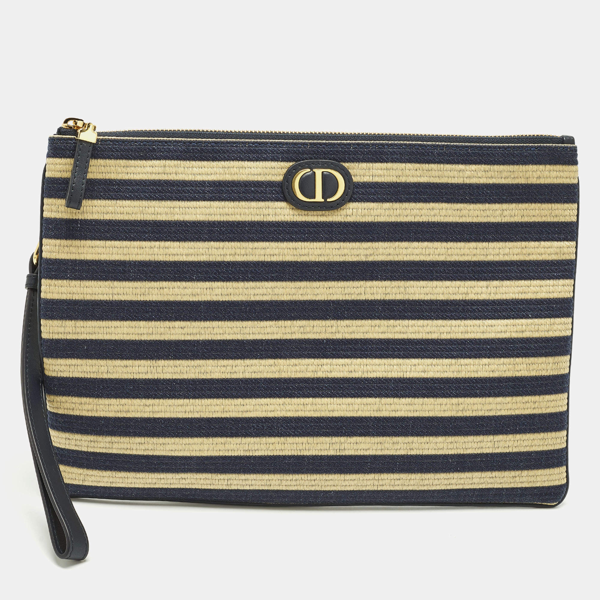 Pre Owned Dior Caro Daily Navy Blue/Beige Canvas and Raffia Pouch