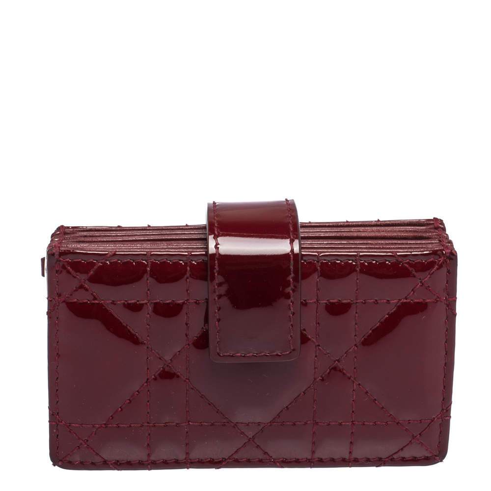 Dior Wine Red Cannage Patent Leather Gusset Card Holder