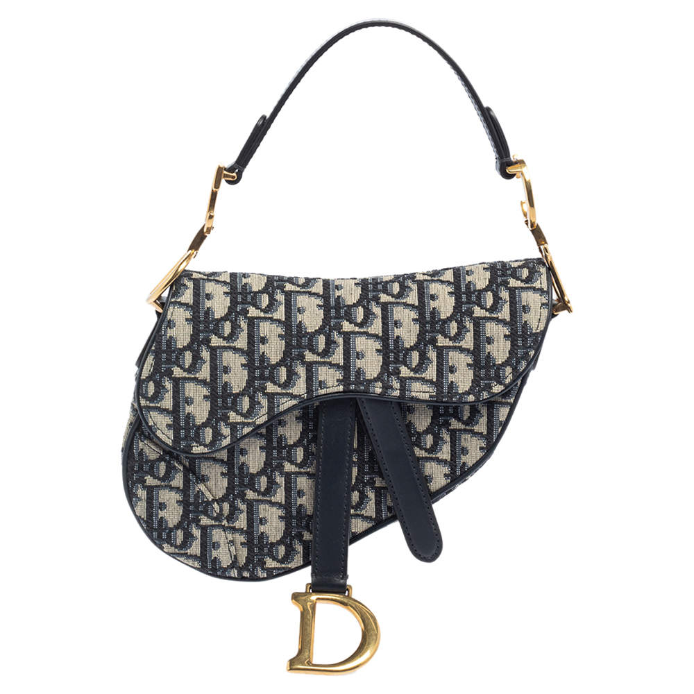 Pre Owned Dior Blue Oblique Canvas and Leather Saddle Bag