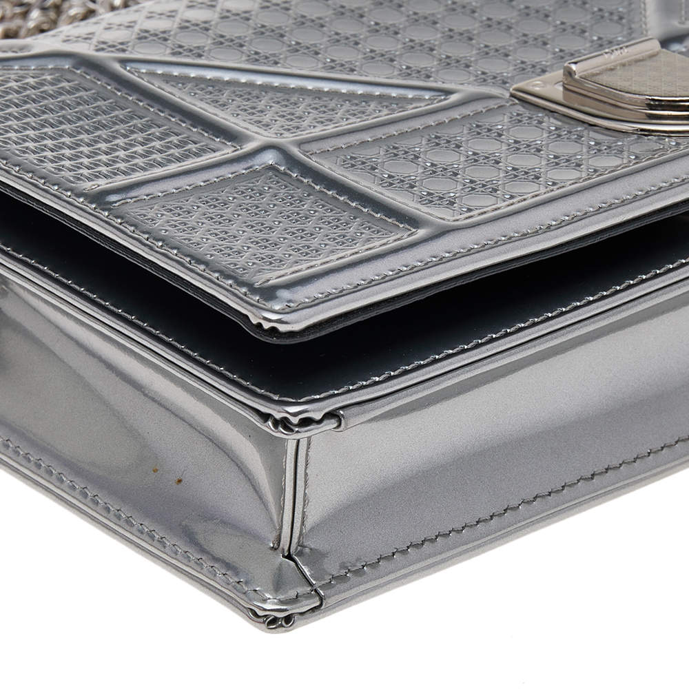 CHRISTIAN DIOR Metallic Patent Micro-Cannage Diorama Wallet on Chain Pouch  Silver 1233311