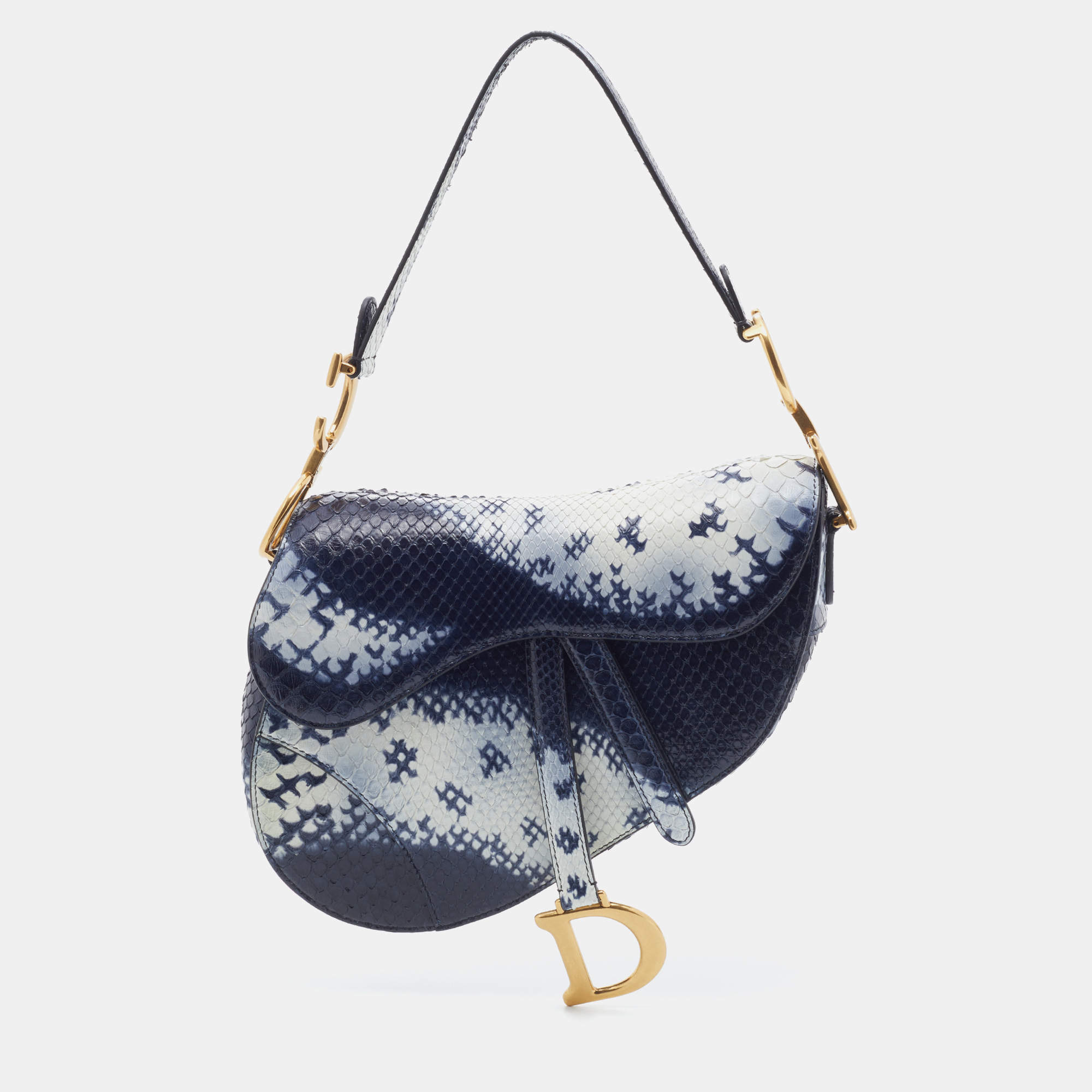 Pre Owned Dior Navy Blue/White Python Saddle Shoulder Bag