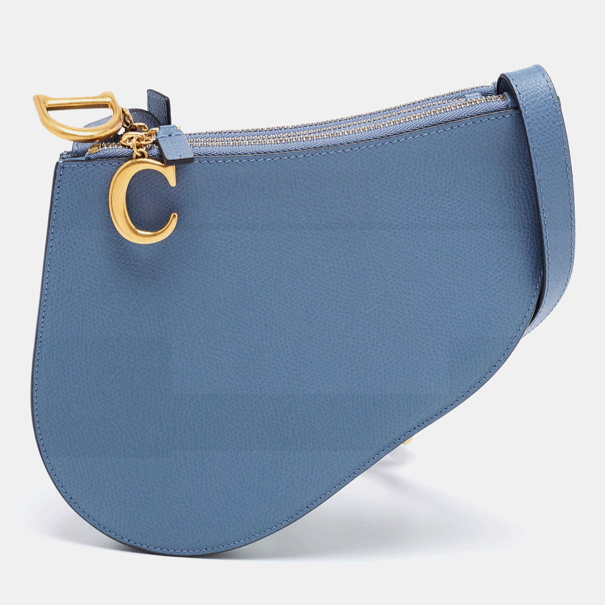 Christian Dior Triple Zip Saddle Crossbody Bag Denim Blue Leather