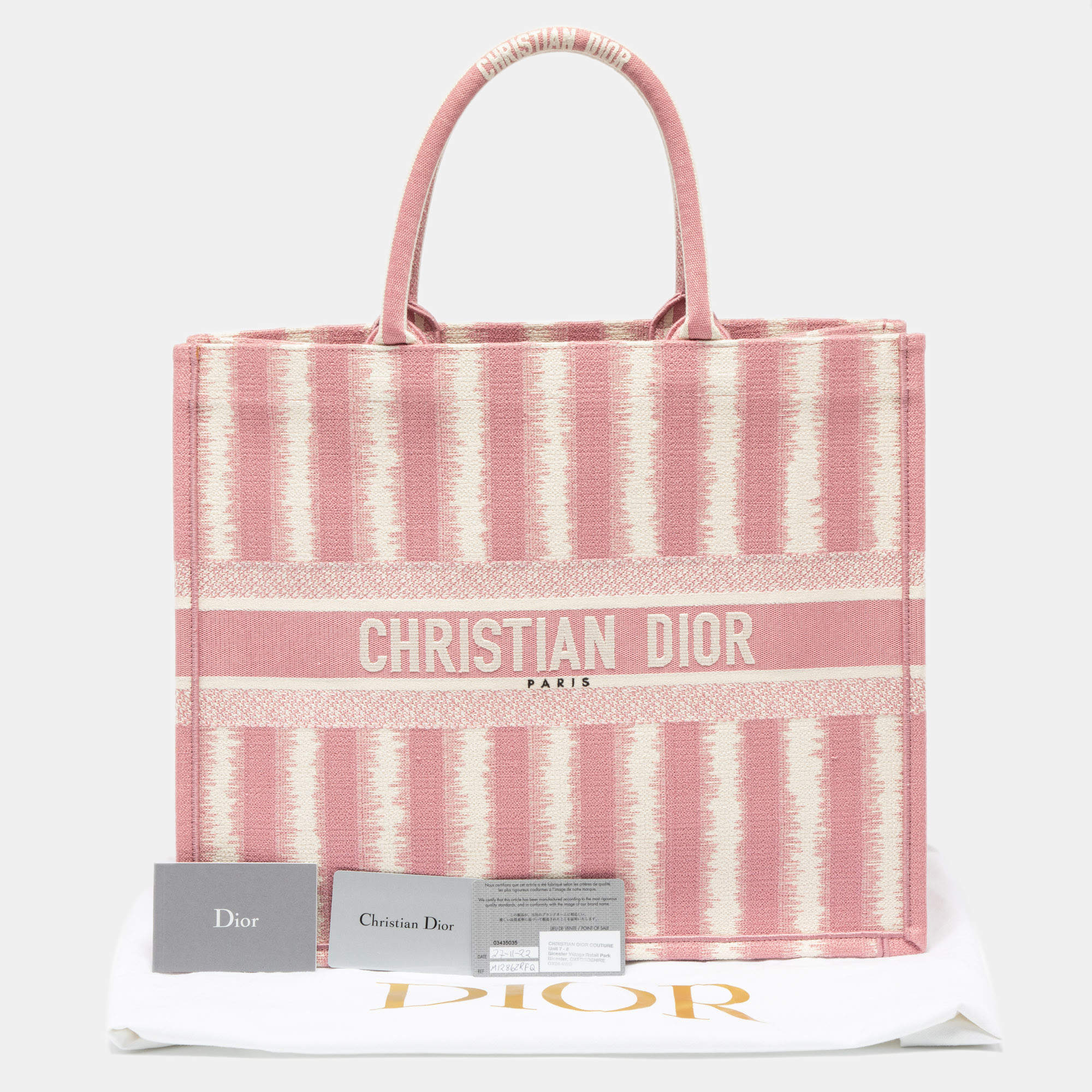 CHRISTIAN DIOR Book Stripe Embroidered Canvas Tote Bag Pink